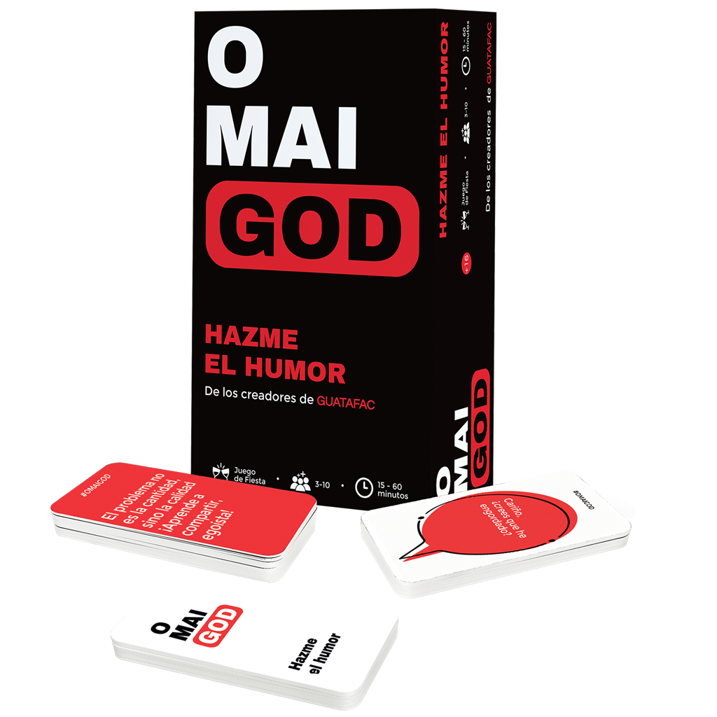 Una caja de juego con cartas. La caja es negra con texto rojo que dice O MAI GOD, HAZME EL HUMOR. Las cartas son rojas y blancas.