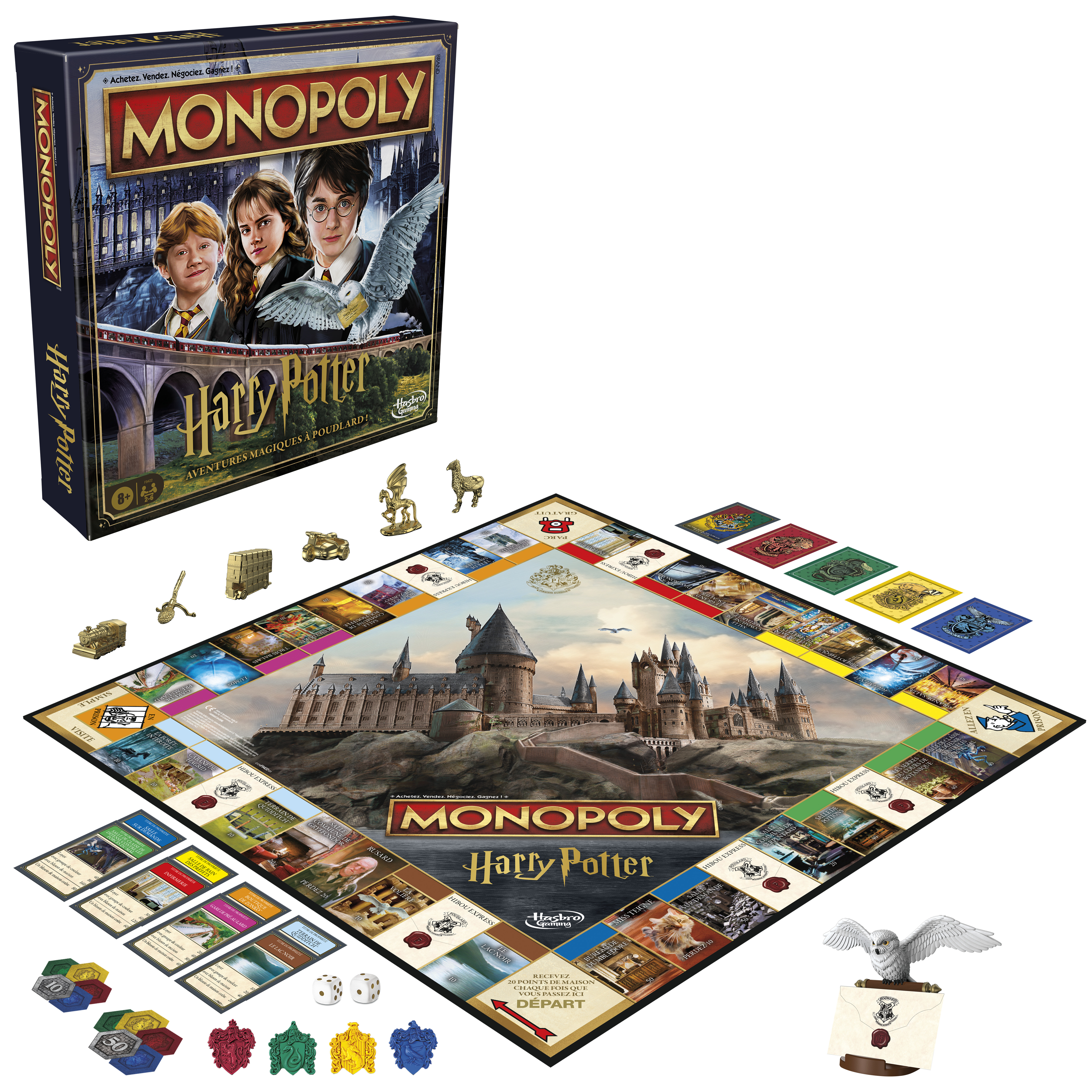 Gra planszowa Monopoly Harry Potter. Pudełko pokazuje postacie. Plansza ma zamek i karty.