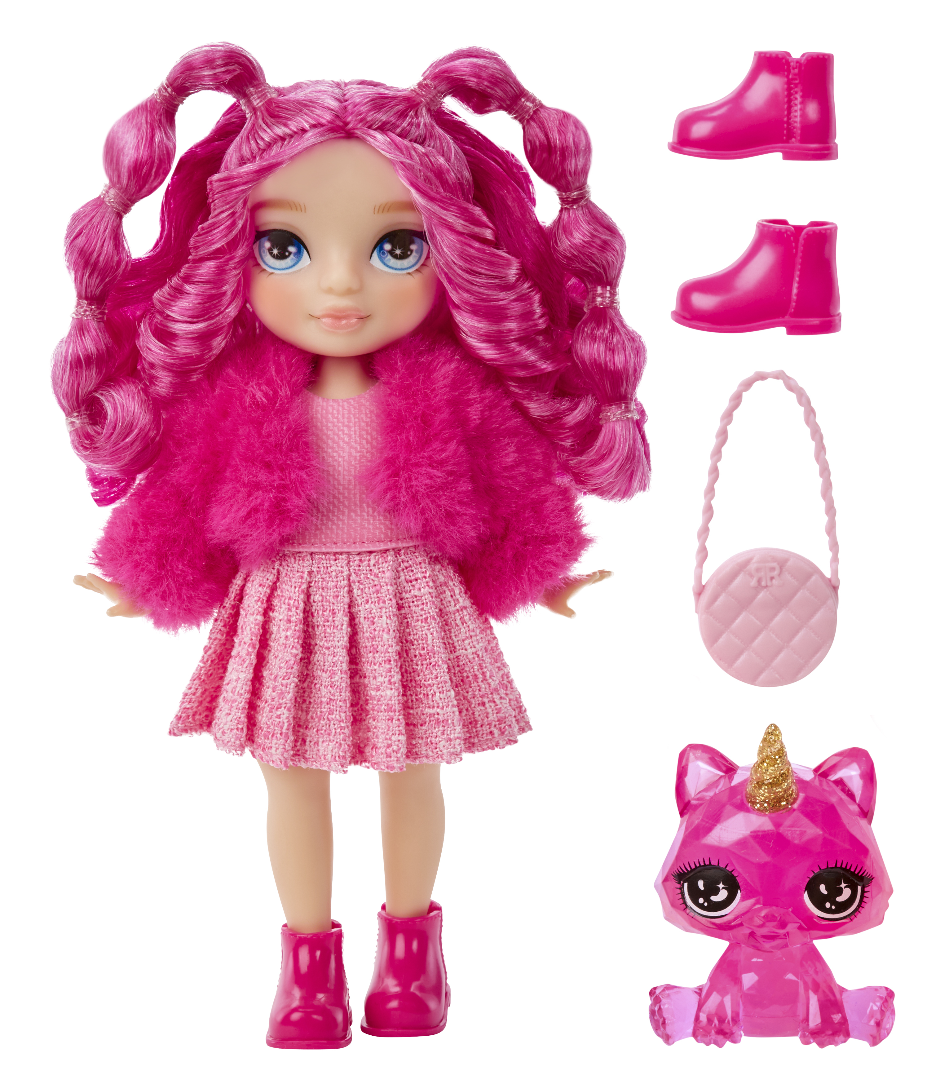 Eine Puppe mit rosa Haaren, Mantel, Rock und Stiefeln. Zubehör umfasst eine Handtasche, Schuhe und eine Einhornfigur.