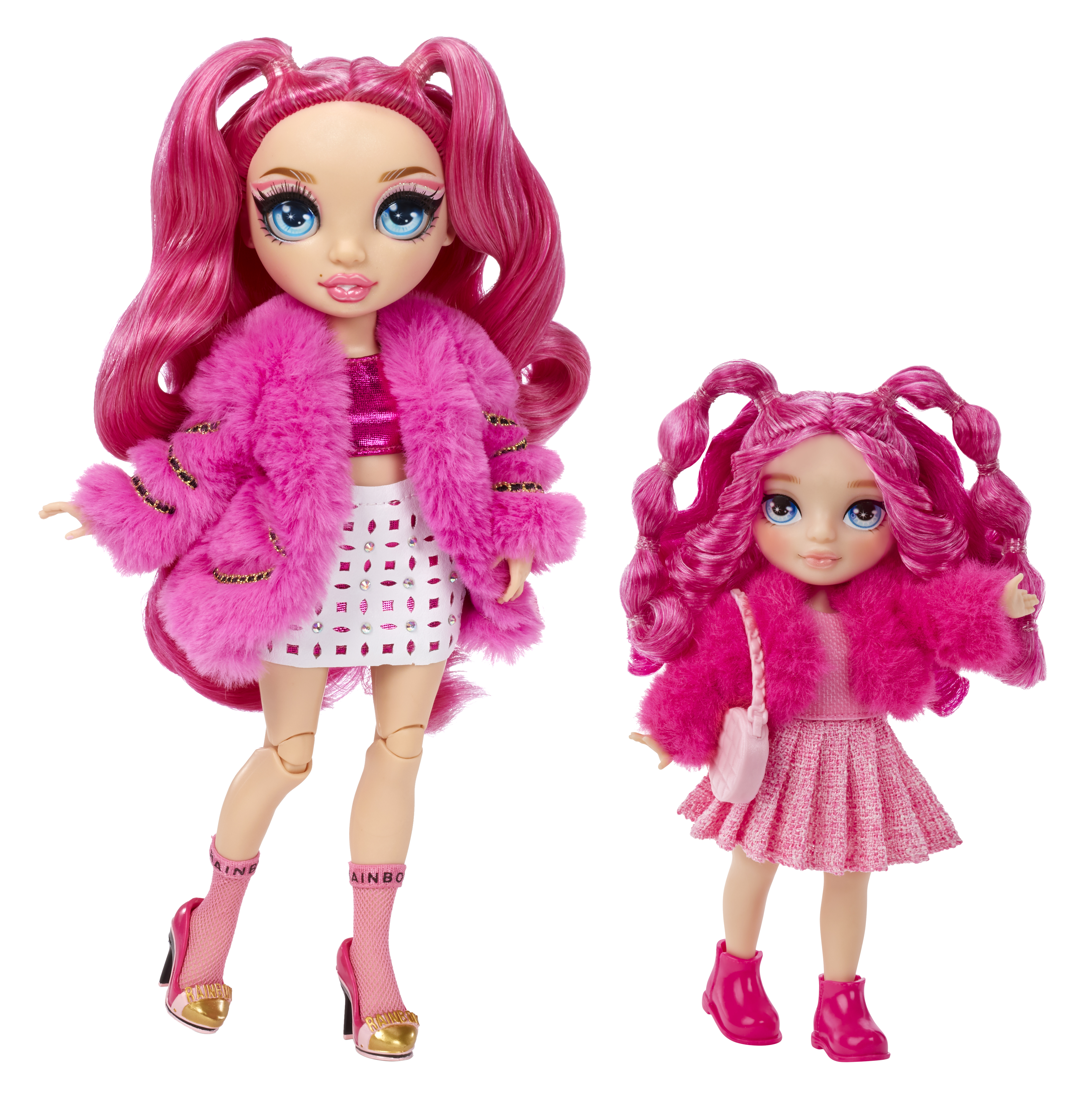 Zwei Modepuppen mit pinkfarbenem Haar und Outfits. Eine trägt einen pinkfarbenen Pelzmantel und Rock, die andere ein pinkfarbenes Kleid und Mantel.