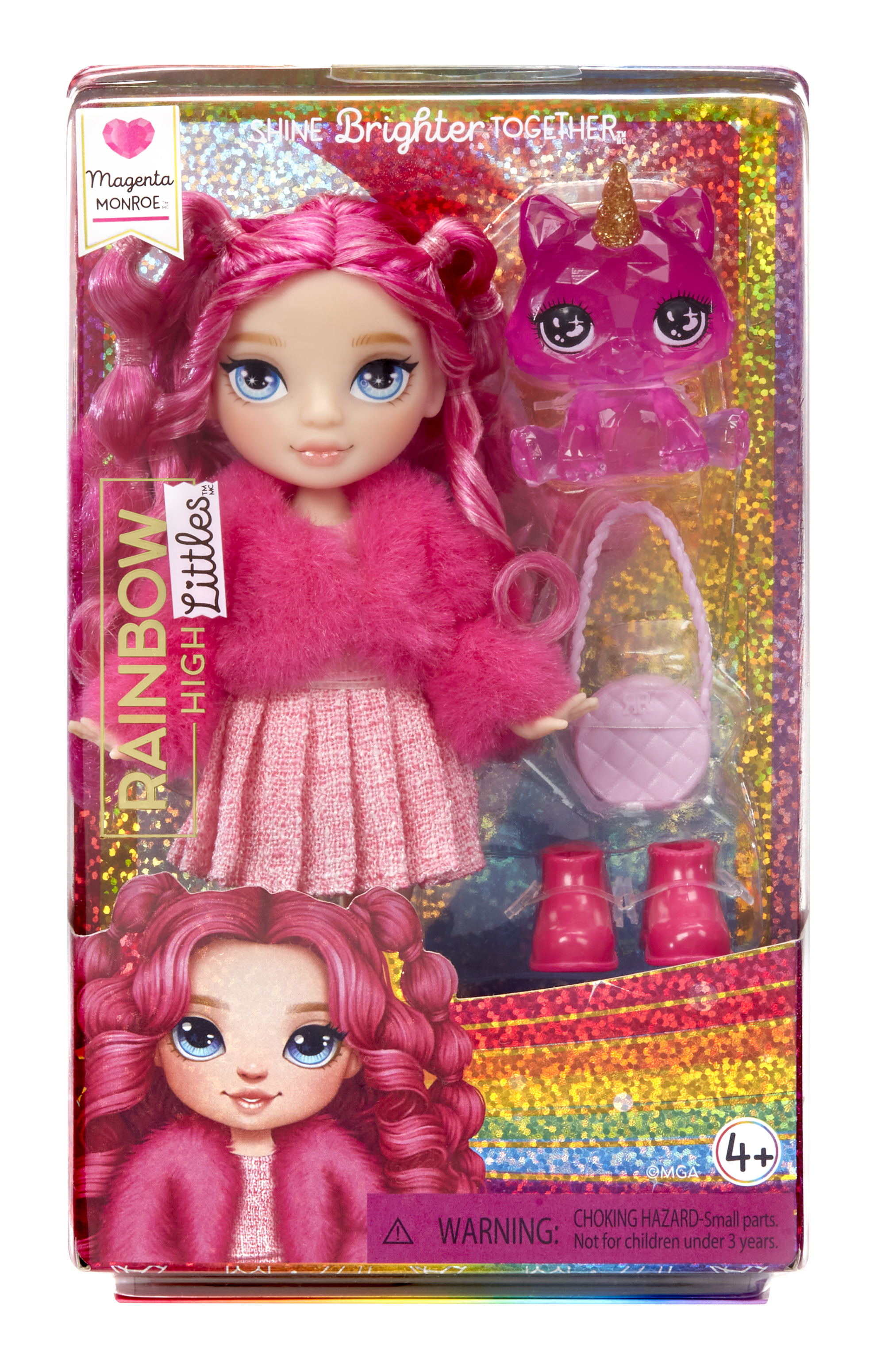 Puppe in Verpackung. Rosa Haare, Fell und Rock. Zubehör: Handtasche, Stiefel und ein Einhorn-Haustier.