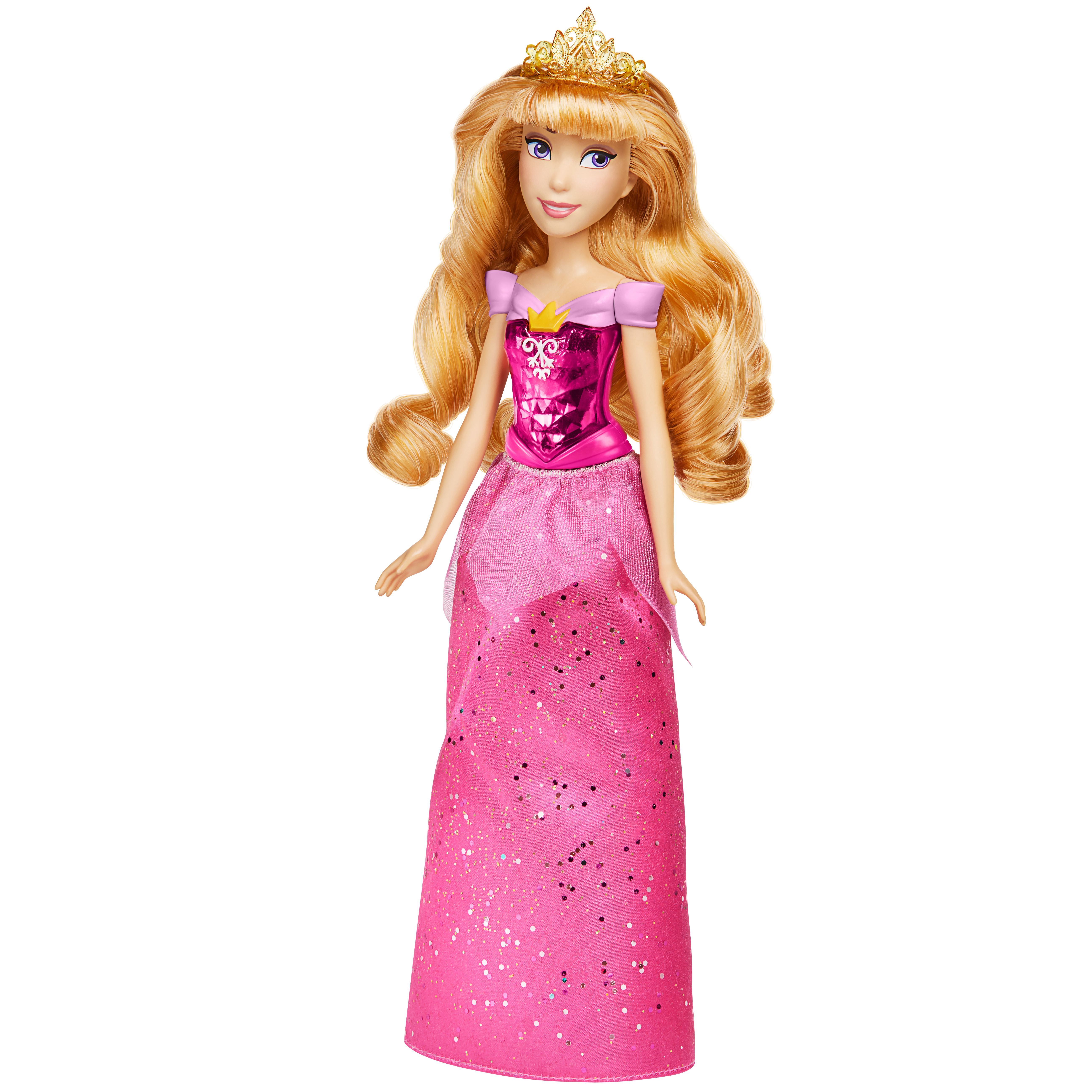 Una bambola della principessa Aurora con un vestito rosa, una corona d'oro e capelli biondi, su sfondo bianco.