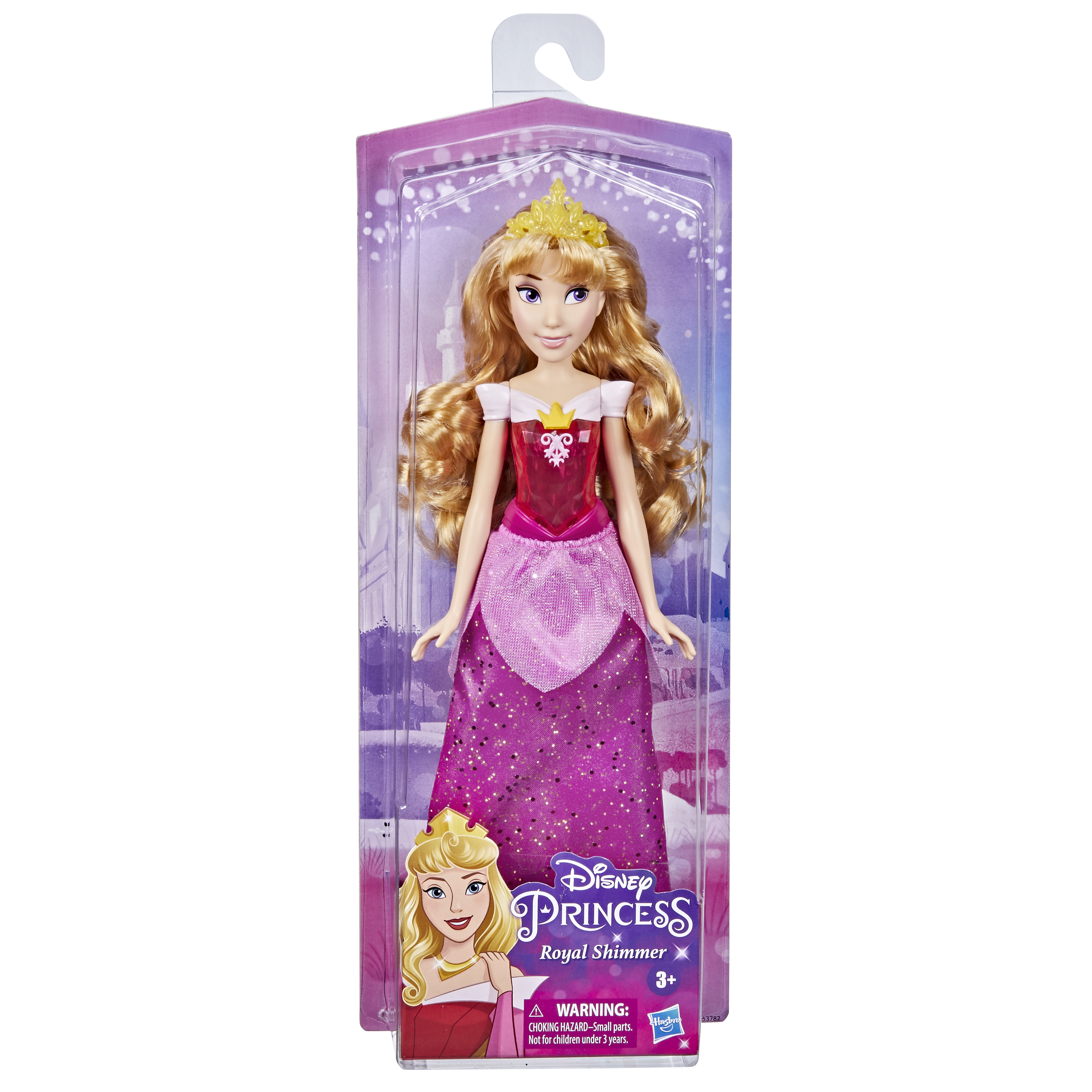 Una bambola Disney Princess nella confezione. La bambola ha capelli biondi, un vestito rosa e una corona gialla.