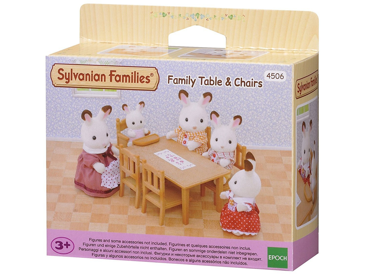 Zestaw pudełkowy Sylvanian Families z figurkami królików wokół stołu. Na pudełku napis 'Family Table & Chairs'.