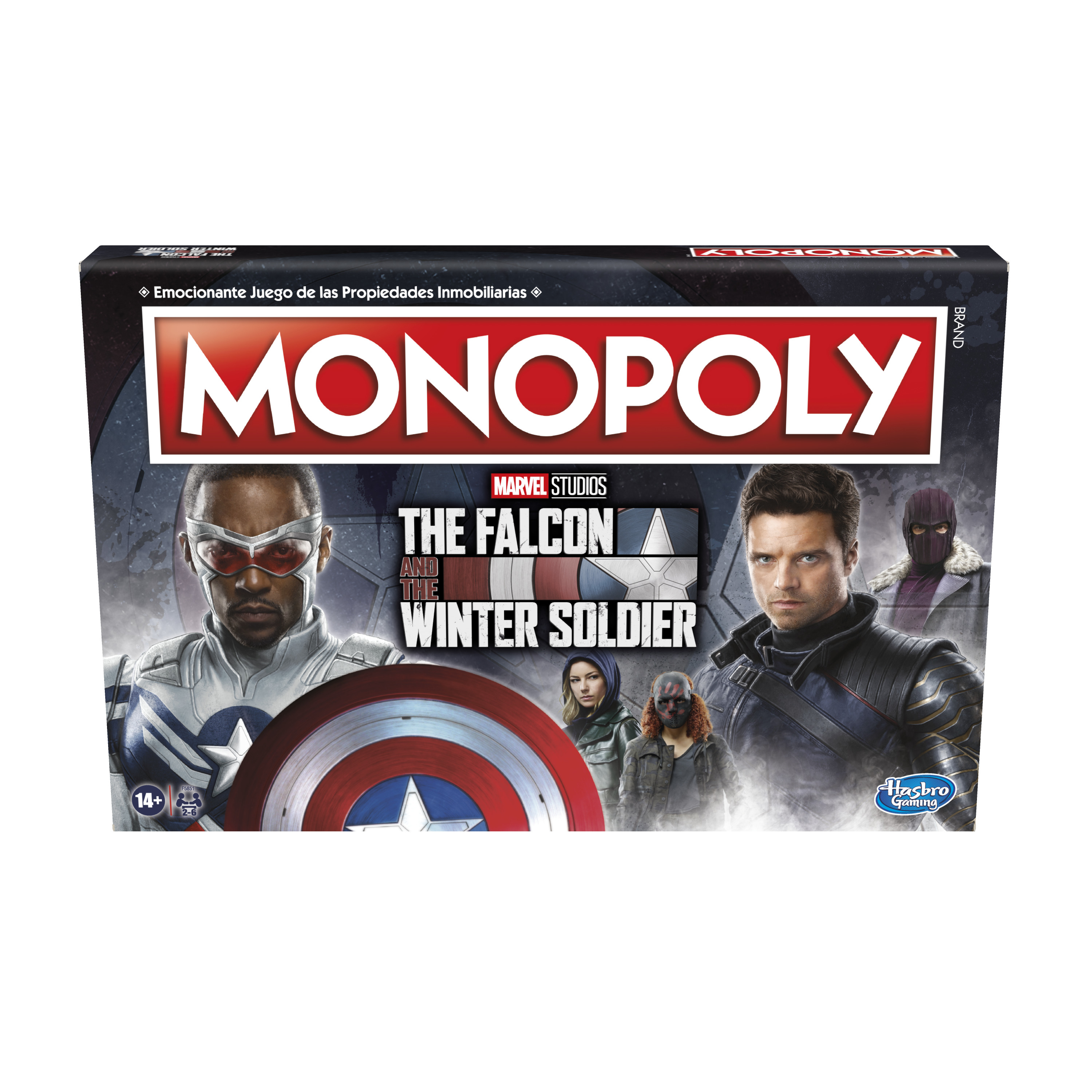 Monopoly-Brettspielbox mit The Falcon und The Winter Soldier. Charaktere und ein Schild sind sichtbar.