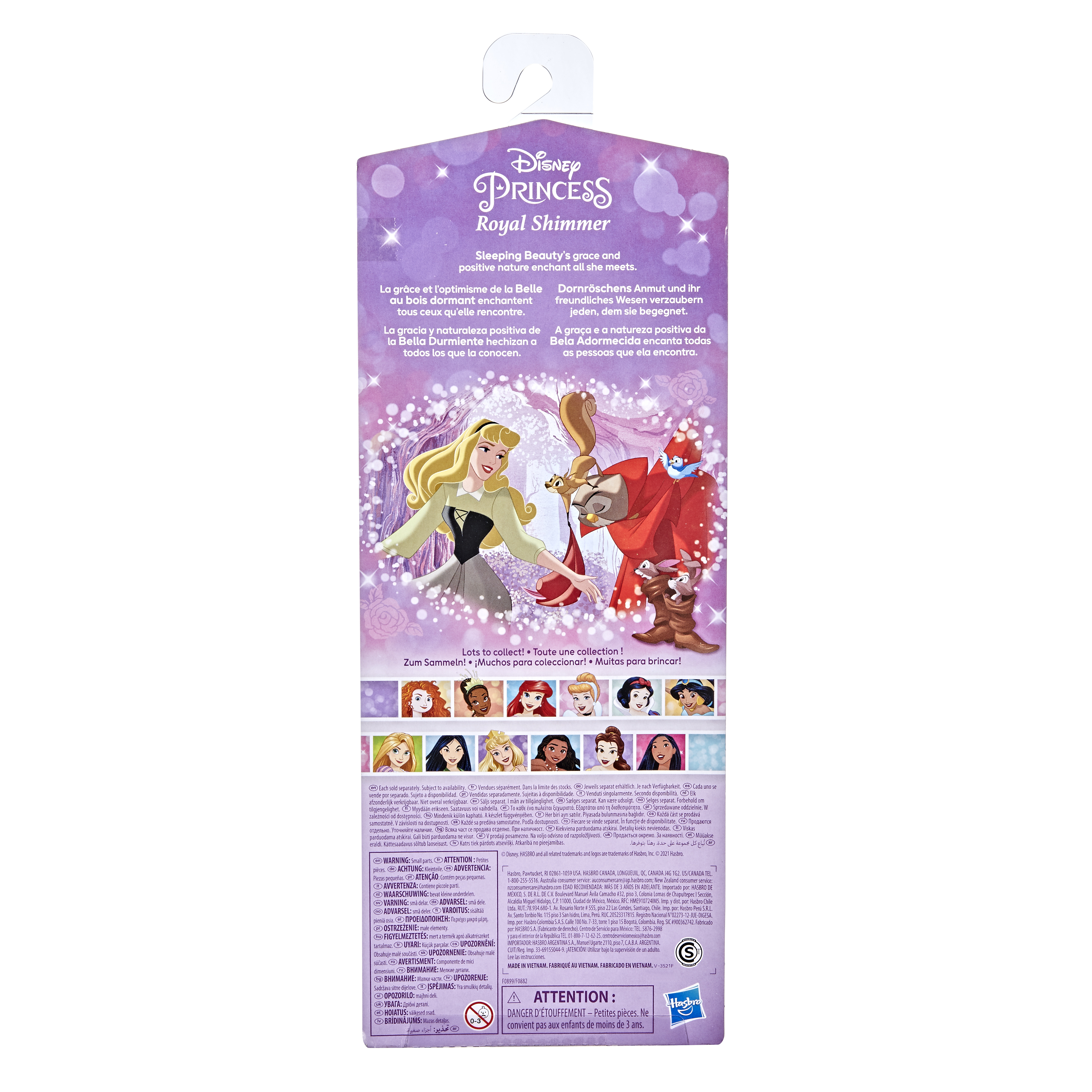 Una confezione di Disney Princess. Aurora, il principe Filippo e altri personaggi sono illustrati. Testo in più lingue.
