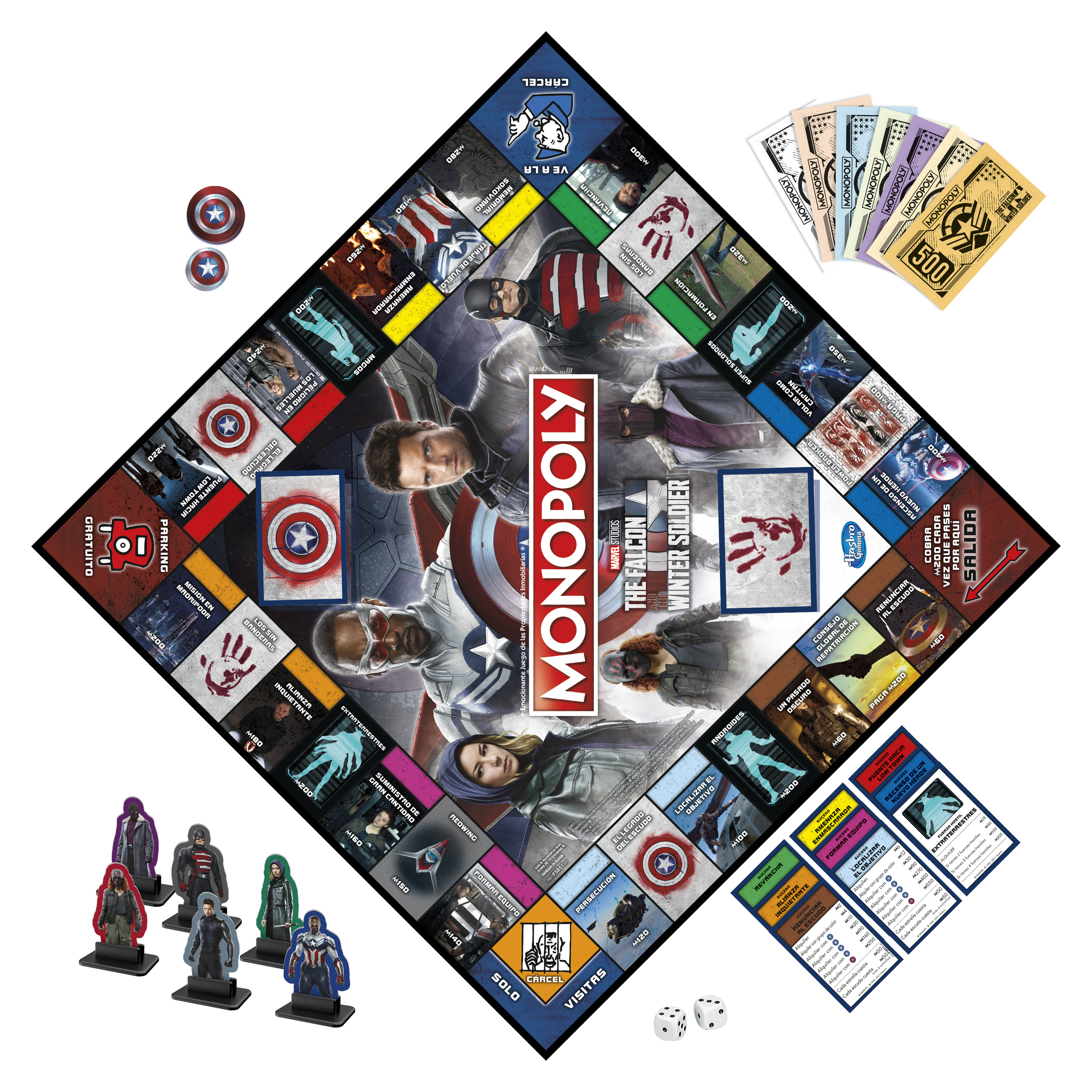 Monopoly-Spielbrett mit Marvel-Figuren, Würfeln, Geld und Spielfiguren.