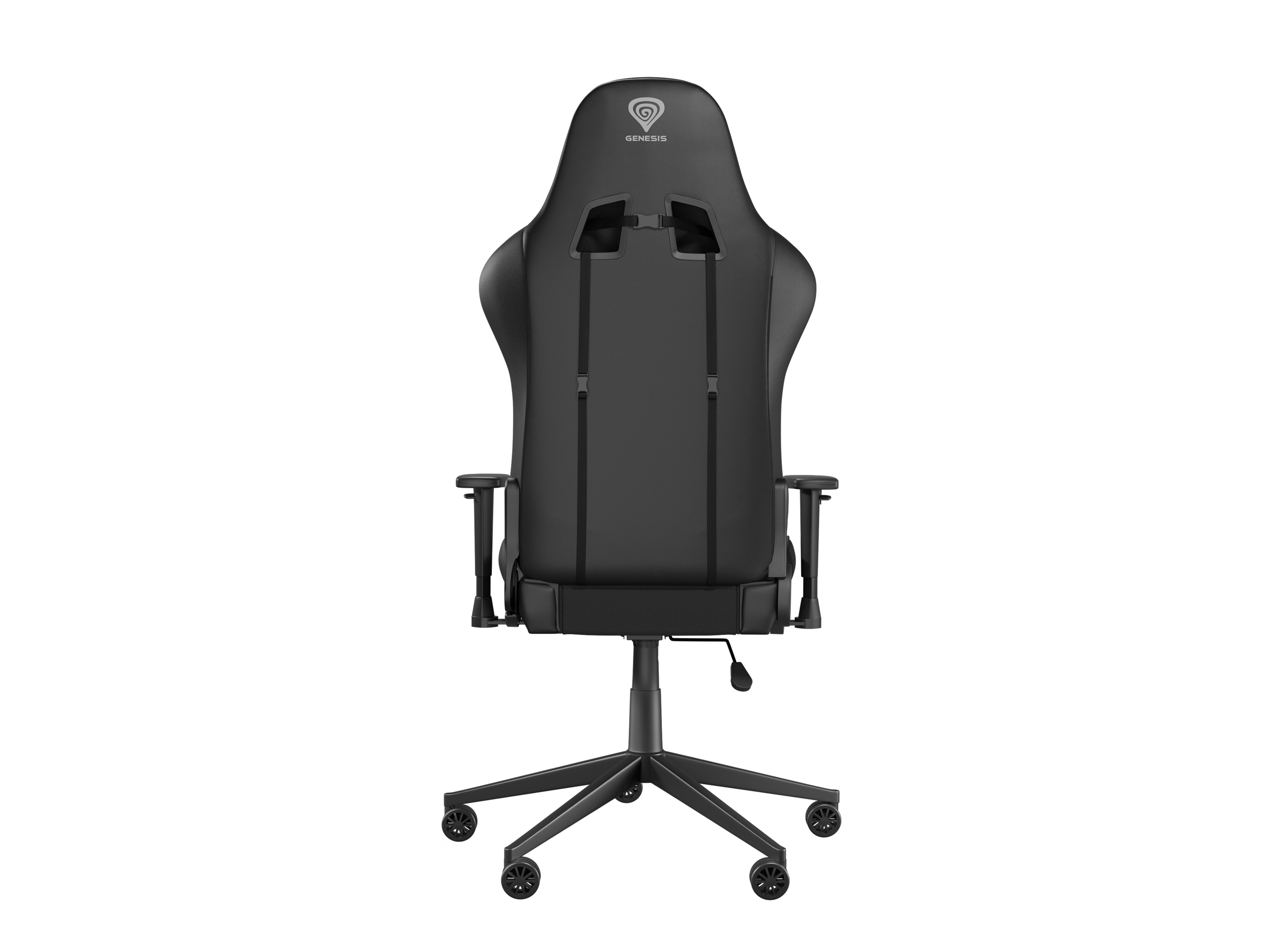 Silla gaming negra sobre fondo blanco. Tiene respaldo alto, reposabrazos y base de cinco ruedas.