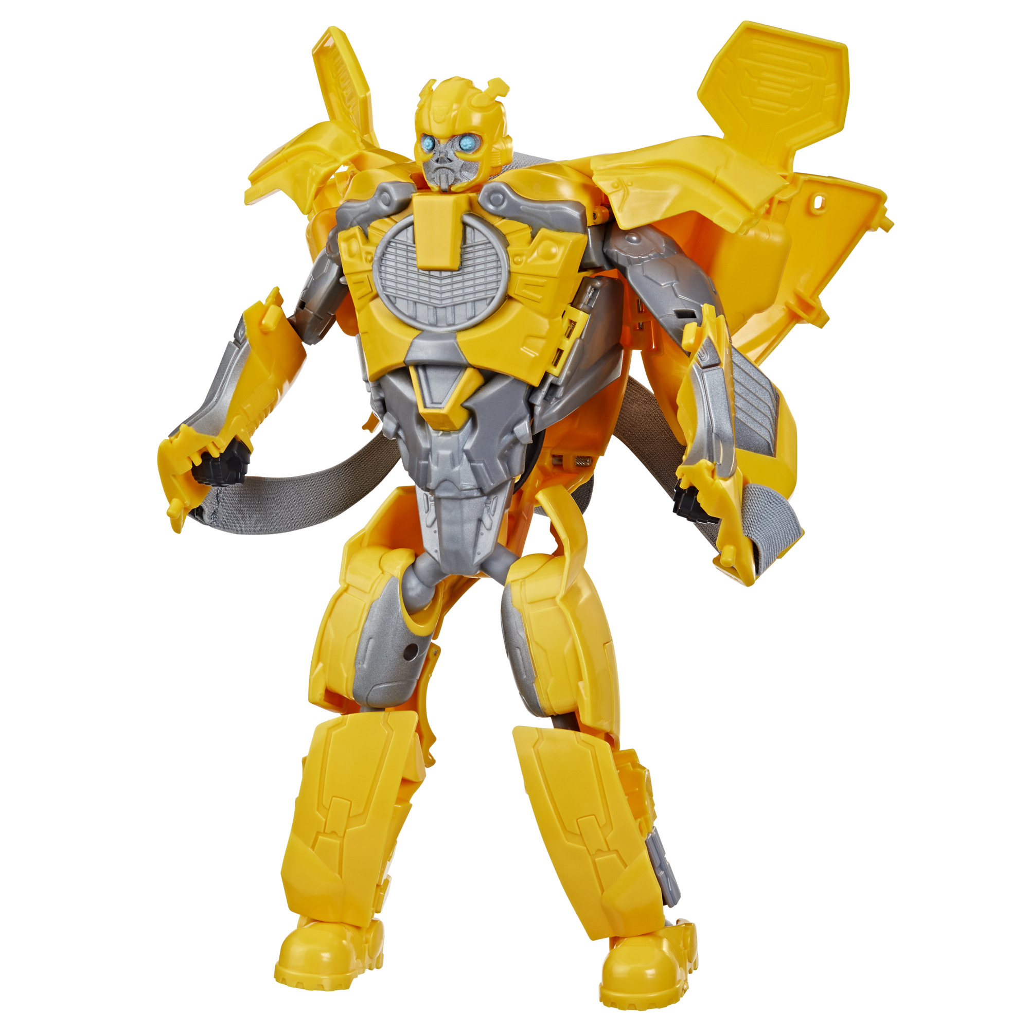 Un juguete transformador Bumblebee amarillo y gris está de pie sobre un fondo blanco.