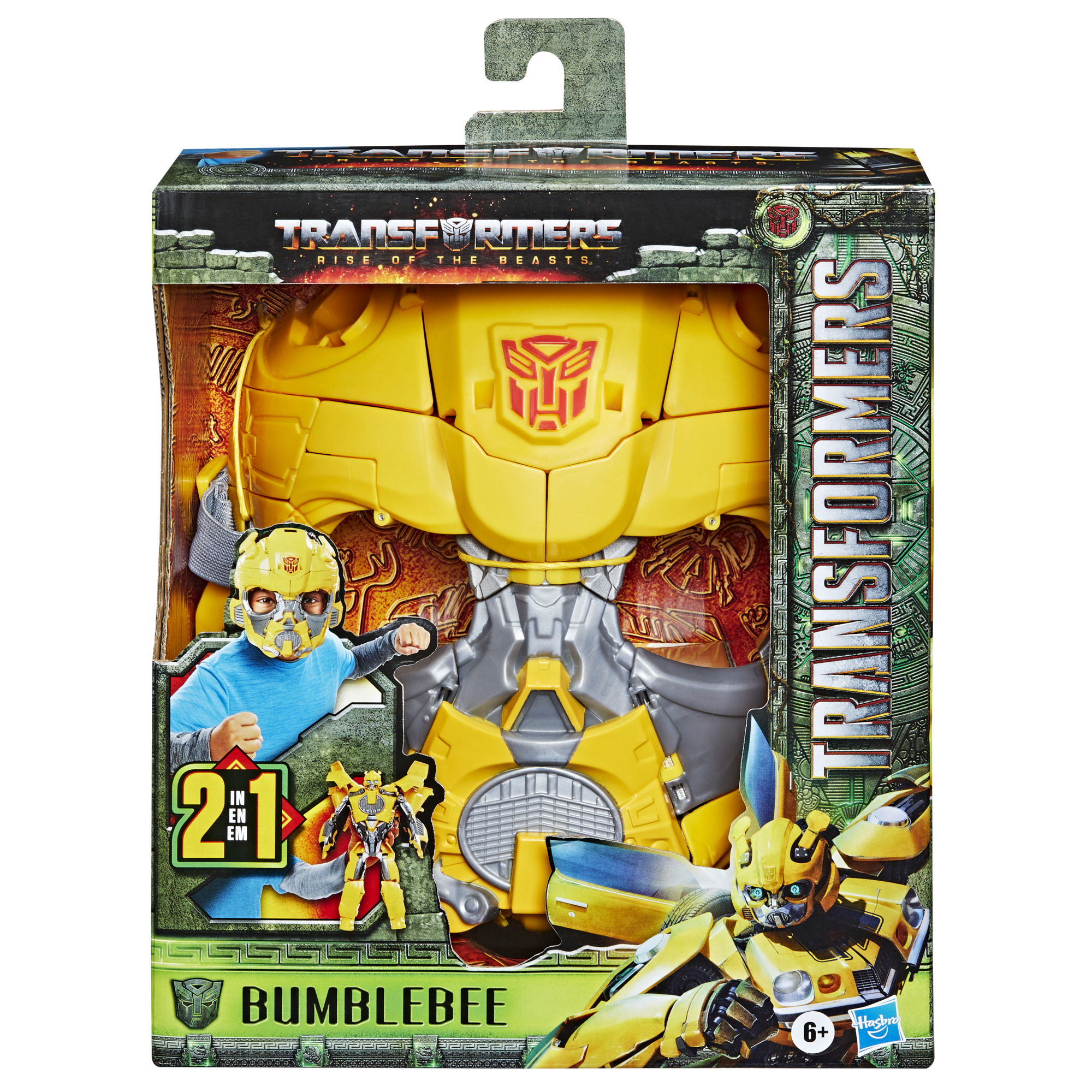 Set de juguetes Bumblebee en caja. Incluye una máscara y una figura pequeña, y una pieza de juguete amarilla más grande. Logotipo de Transformers visible.