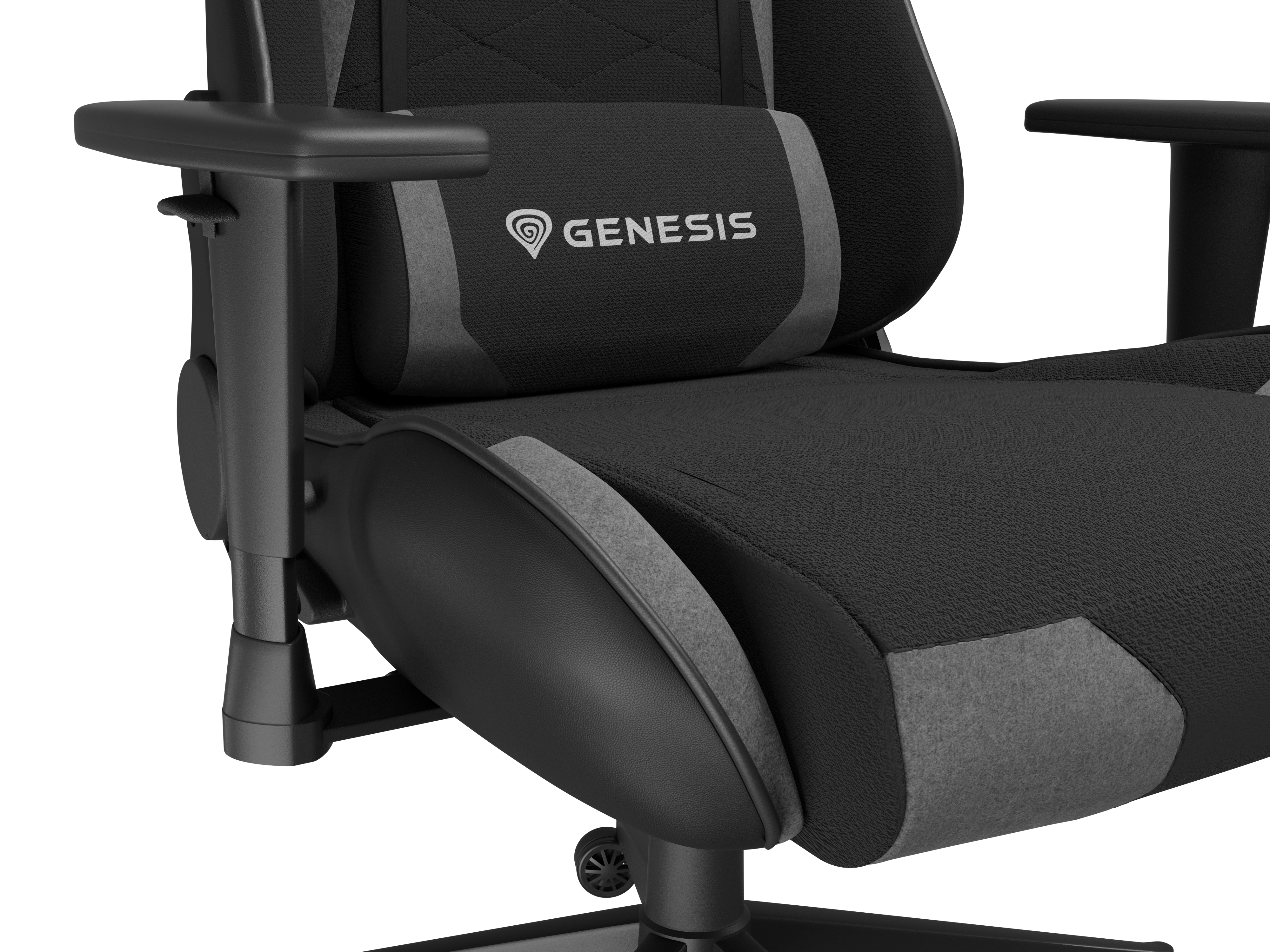 Silla gaming negra y gris. Presenta el logotipo 'GENESIS' en el reposacabezas, los reposabrazos y una base de cinco estrellas.