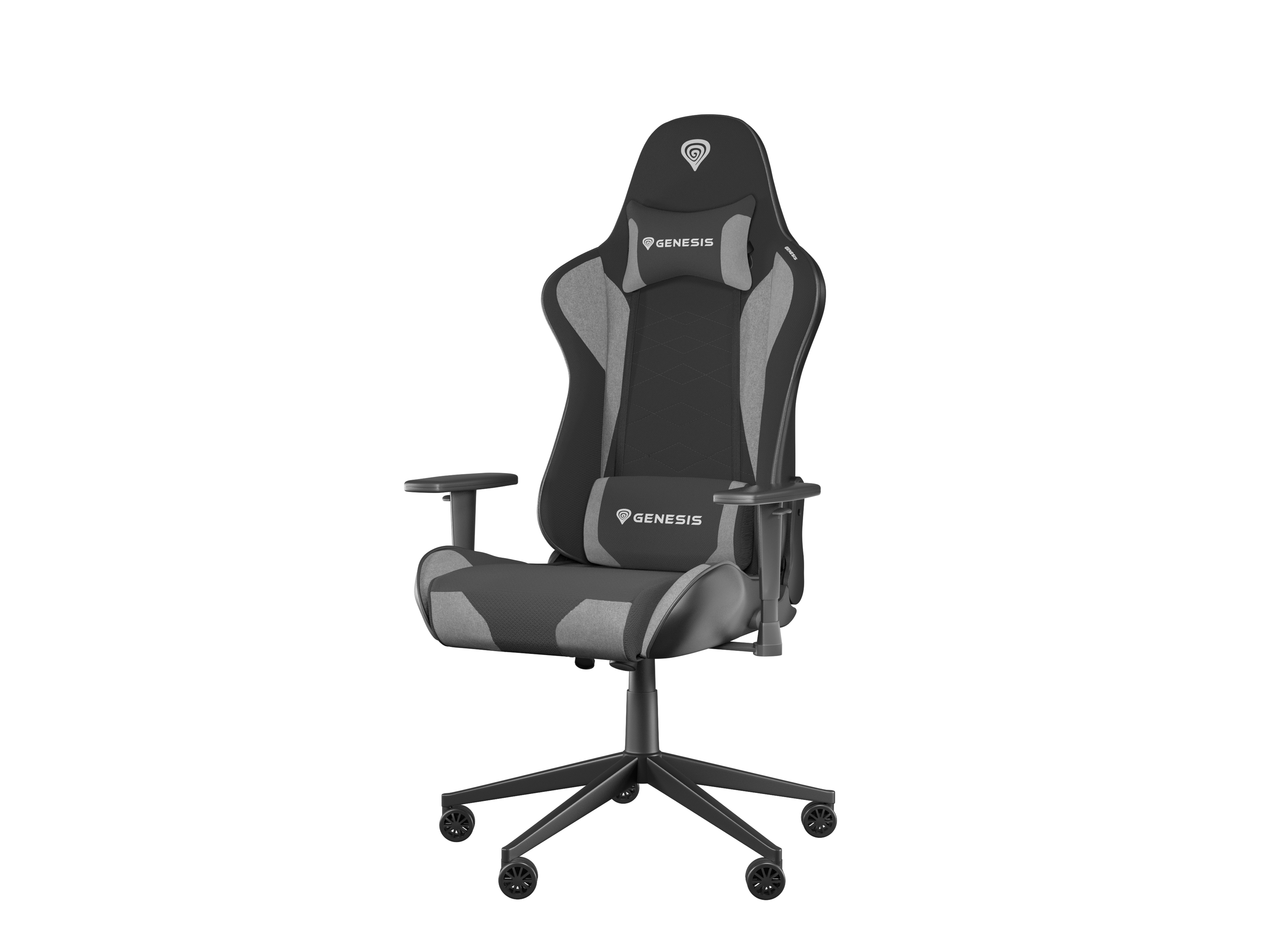 Una silla gaming negra y gris. La silla tiene reposacabezas, reposabrazos, respaldo y asiento. Está sobre una base negra.