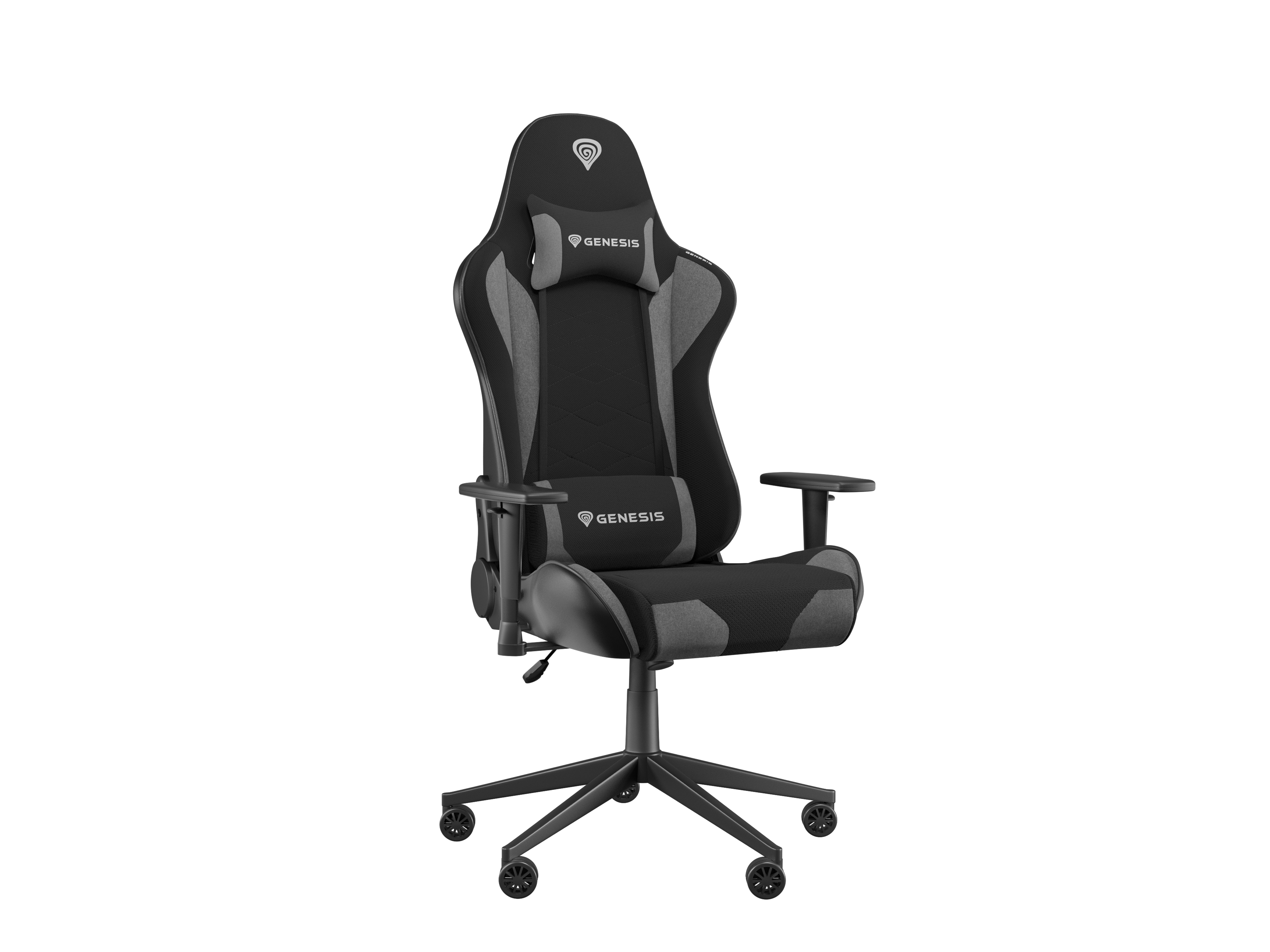 Una silla de juego negra y gris. Tiene respaldo alto, reposabrazos y base de cinco ruedas. El logotipo de Genesis es visible.