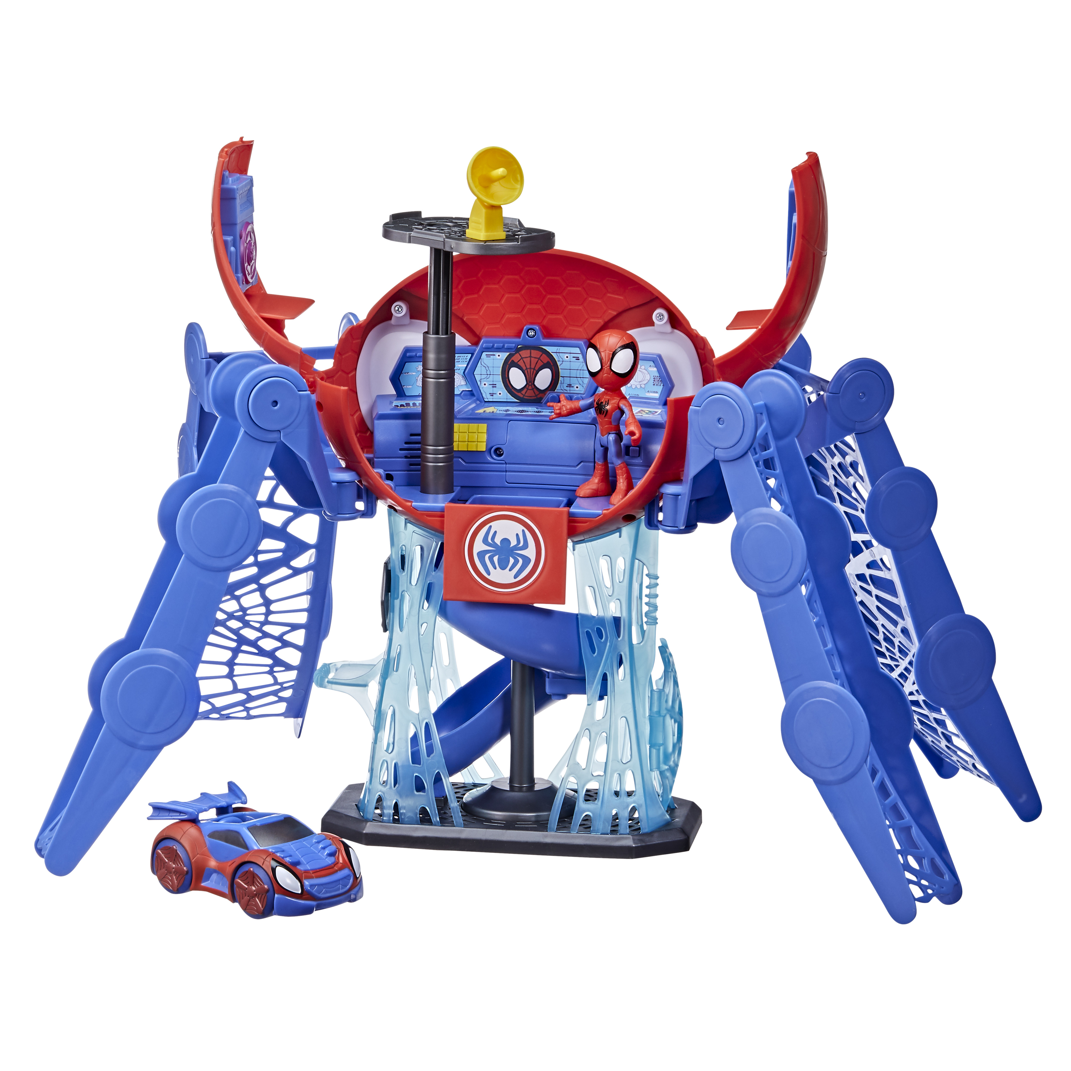 Set de juego de Spider-Man con coche y figura. El set es rojo, azul y blanco, con una figura de Spider-Man dentro.