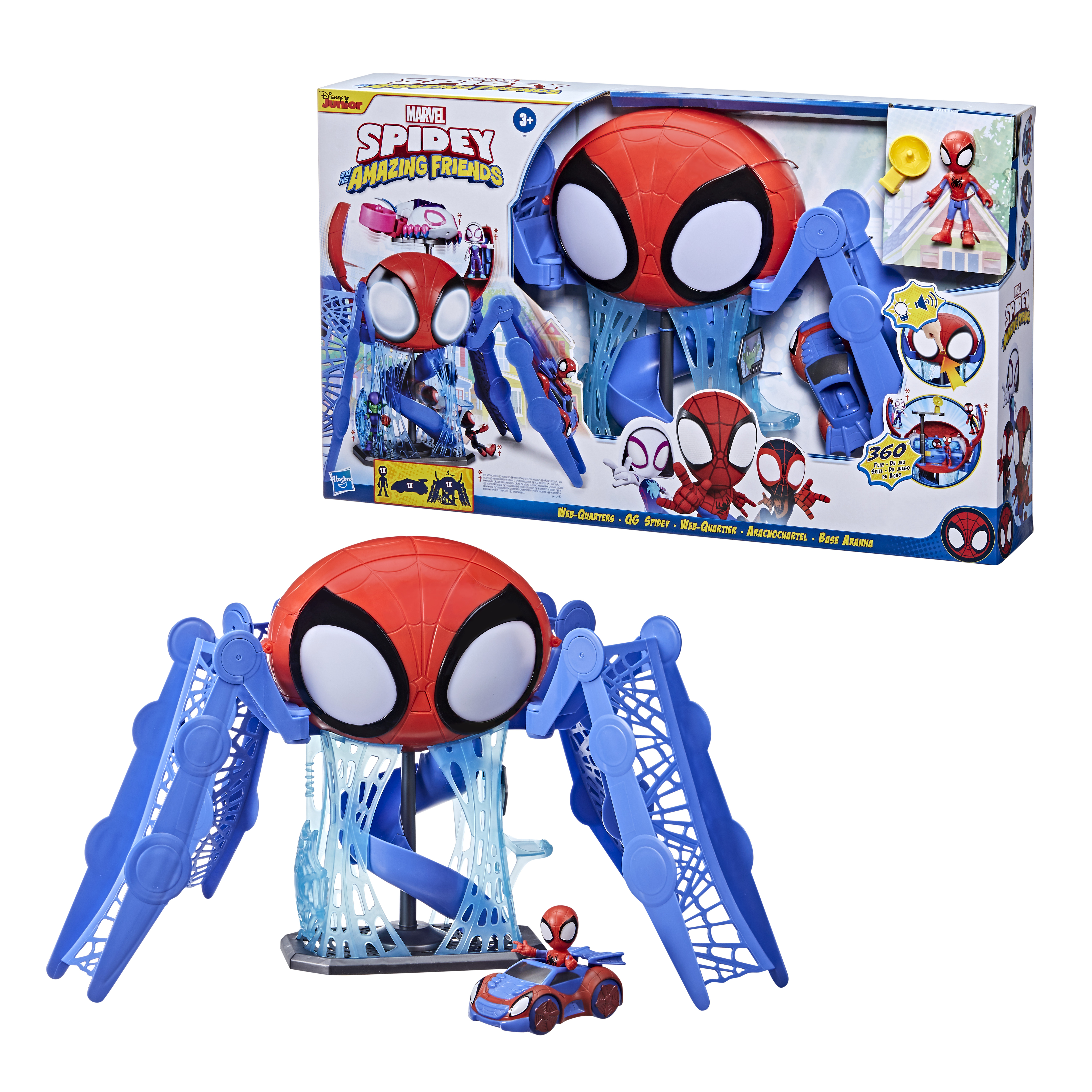 Juego de Web-Quarters de Spider-Man. Incluye una cabeza grande de Spidey, toboganes azules, un coche y una figura de Spidey. En caja.
