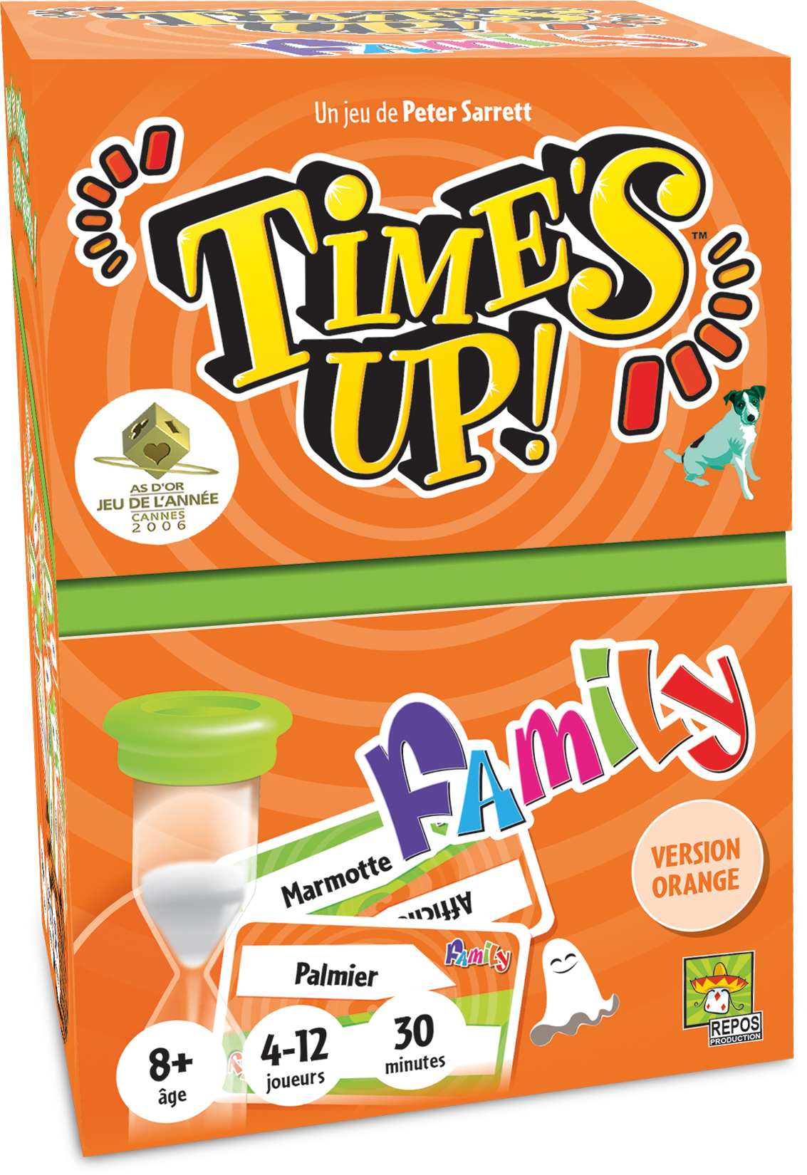 Orangefarbene Box des Spiels Times Up! Family. Enthält den Spieletitel, einen Hund, eine Sanduhr und Spieldetails. Orange Version.