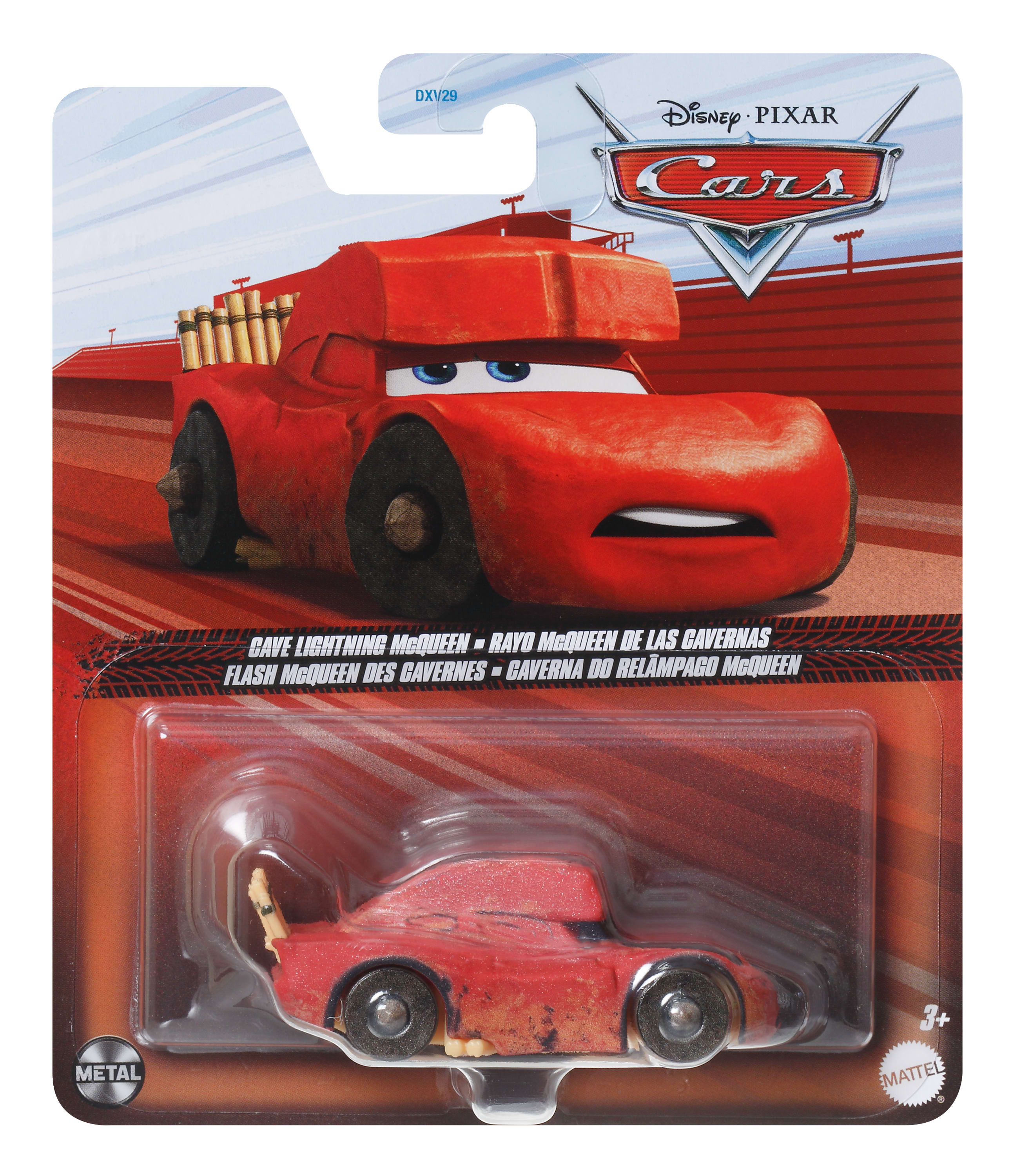Czerwony samochodzik, 'Cave Lightning McQueen', jest zapakowany. Tło to gradient czerwieni i pomarańczy z logo Cars.