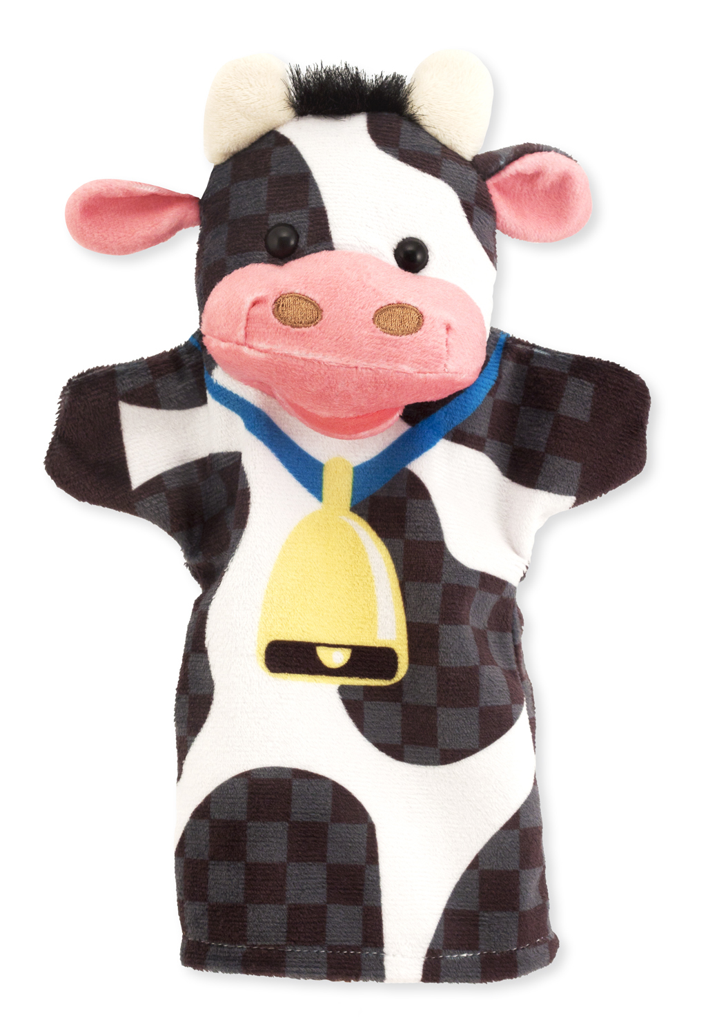 Eine Kuhpuppe mit einem schwarz-weiß karierten Körper, einer rosa Nase, Ohren und einer gelben Glocke.