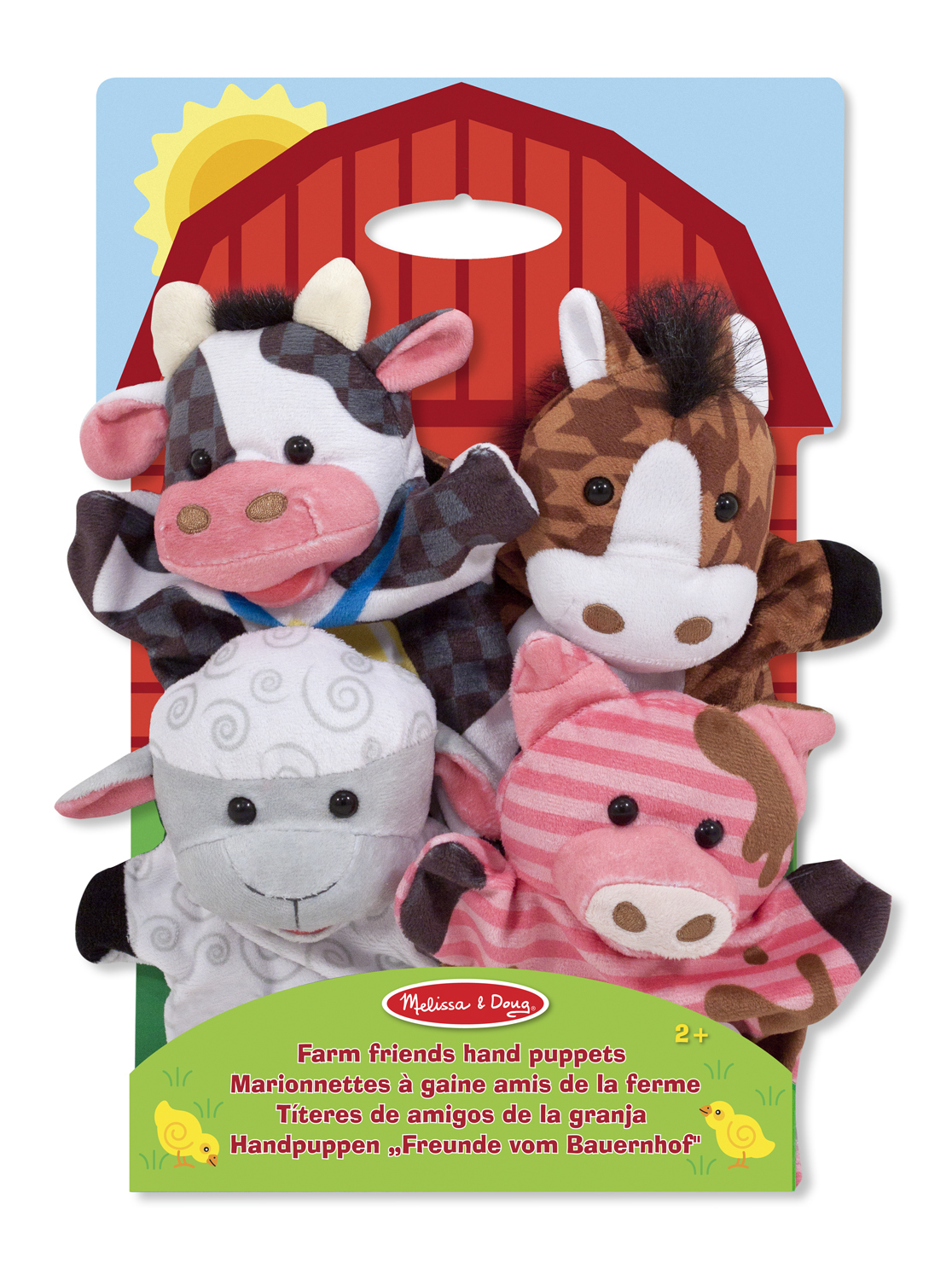 Vier Handpuppen: Kuh, Pferd, Schaf und Schwein. Auf einer Karte mit einer Scheunenillustration.