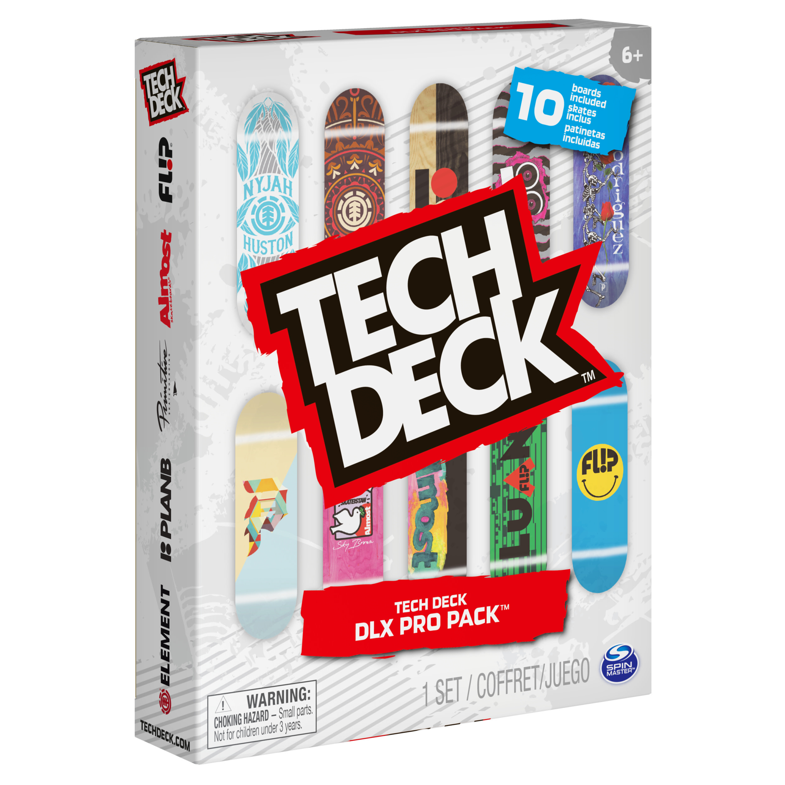 Una scatola Tech Deck DLX Pro Pack con 10 skateboard, con vari design e loghi, su sfondo bianco.