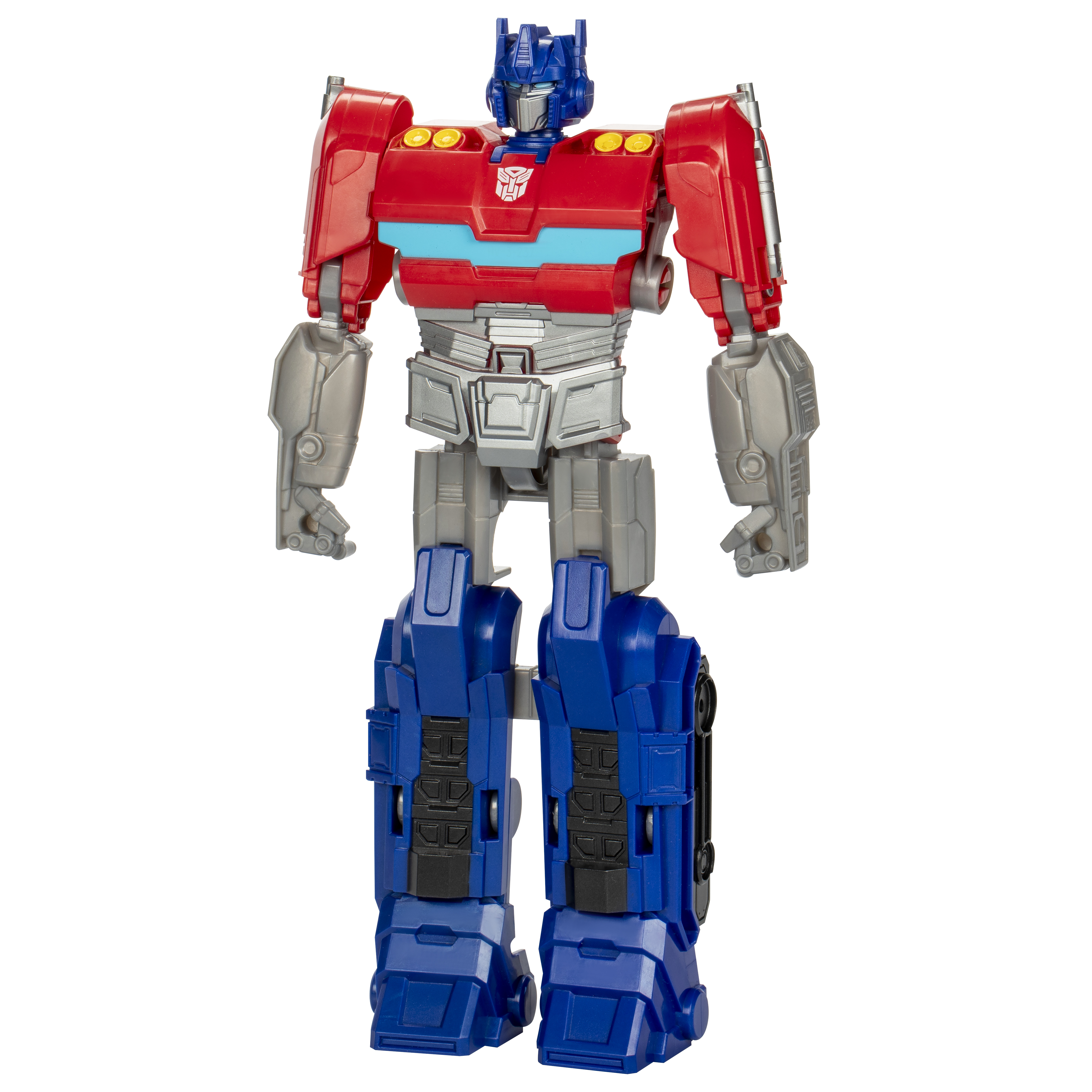 Un robot giocattolo Optimus Prime rosso, blu e argento è centrato su uno sfondo bianco.