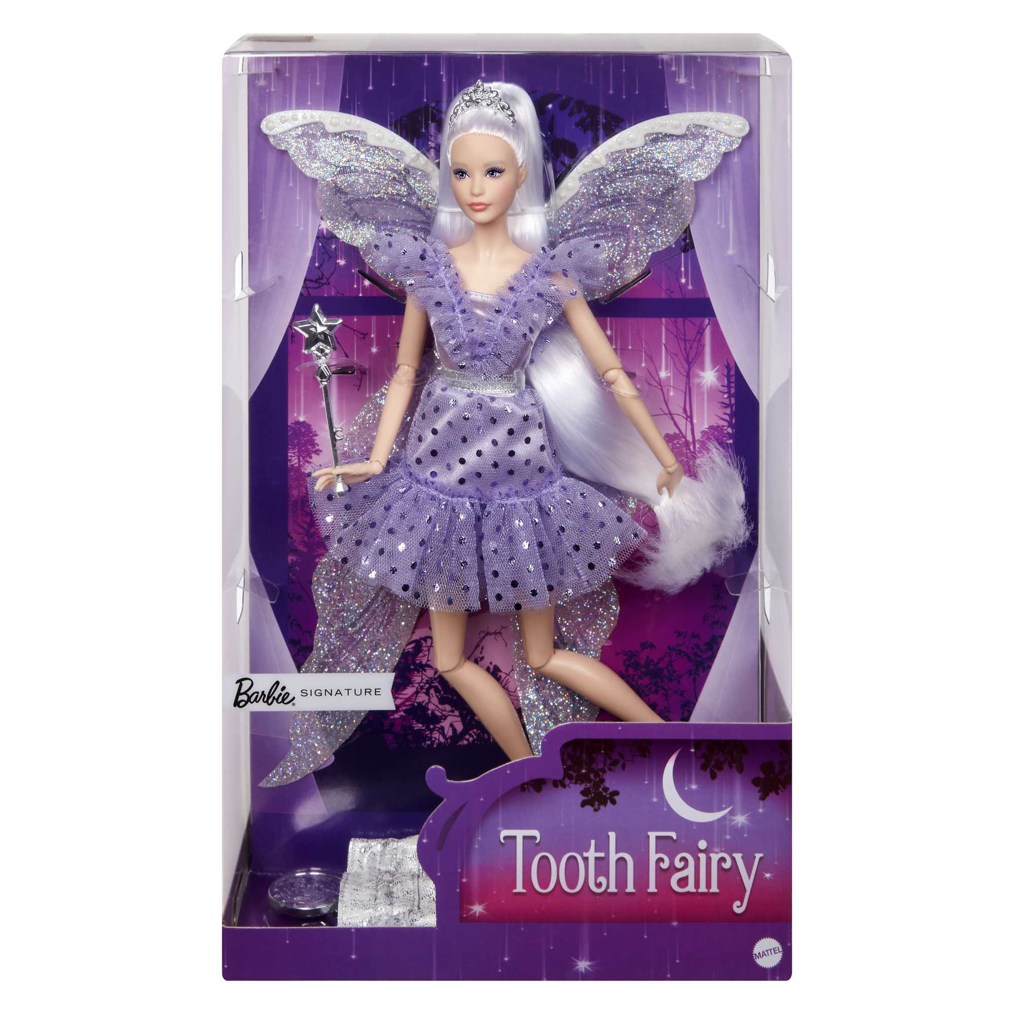 Bambola Barbie Fatina dei denti in scatola. Indossa un vestito viola, ali argentate e bacchetta. Capelli bianchi.