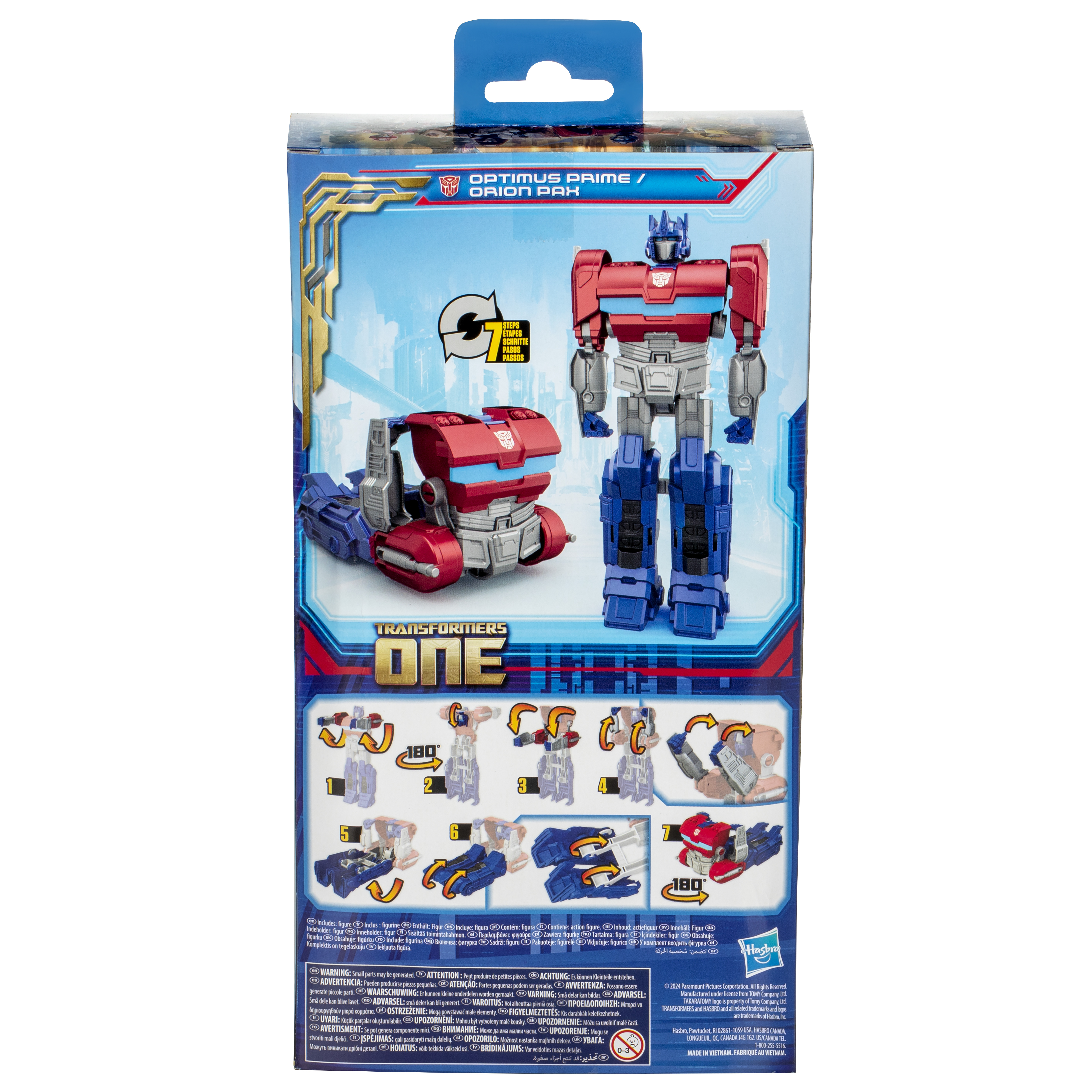 Confezione del giocattolo Optimus Prime in forma robot e camion. Istruzioni mostrate sul lato.