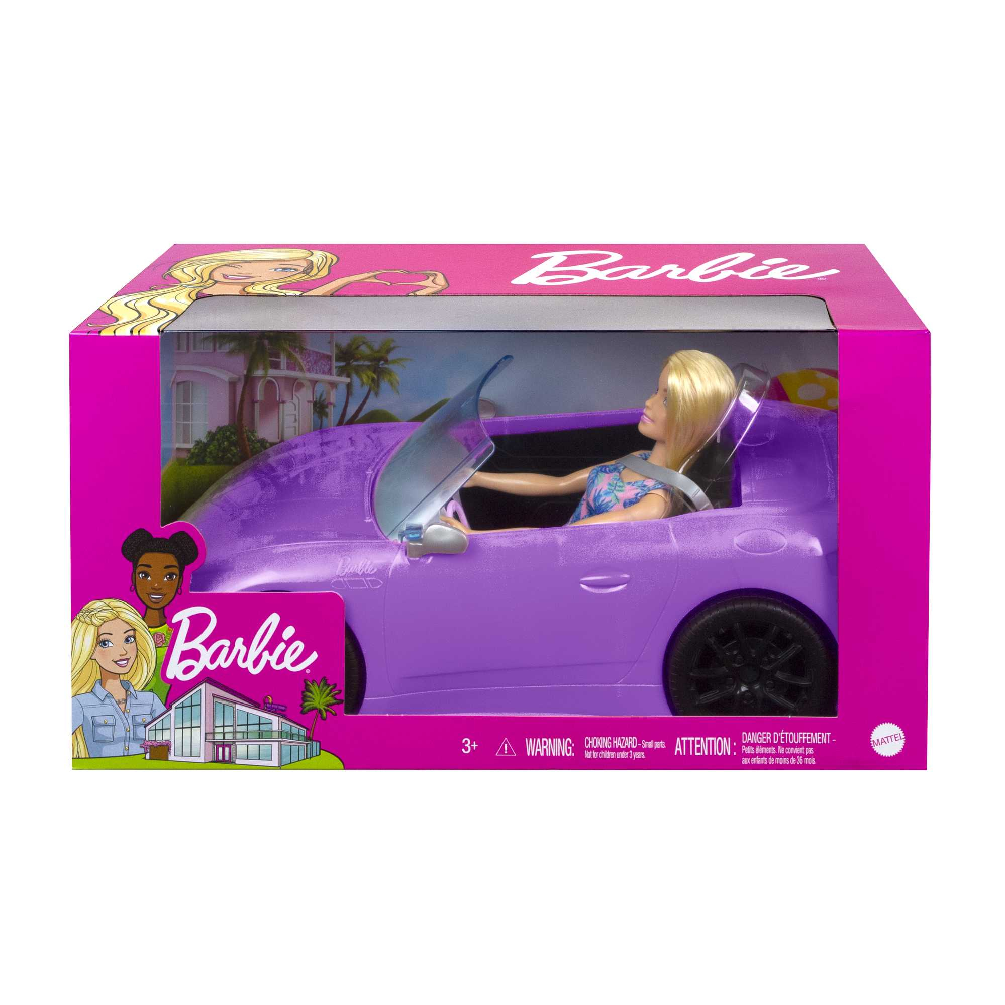 Lalka Barbie w fioletowym kabriolecie. Pudełko pokazuje logo Barbie i ilustracje. Tło to słoneczna scena.