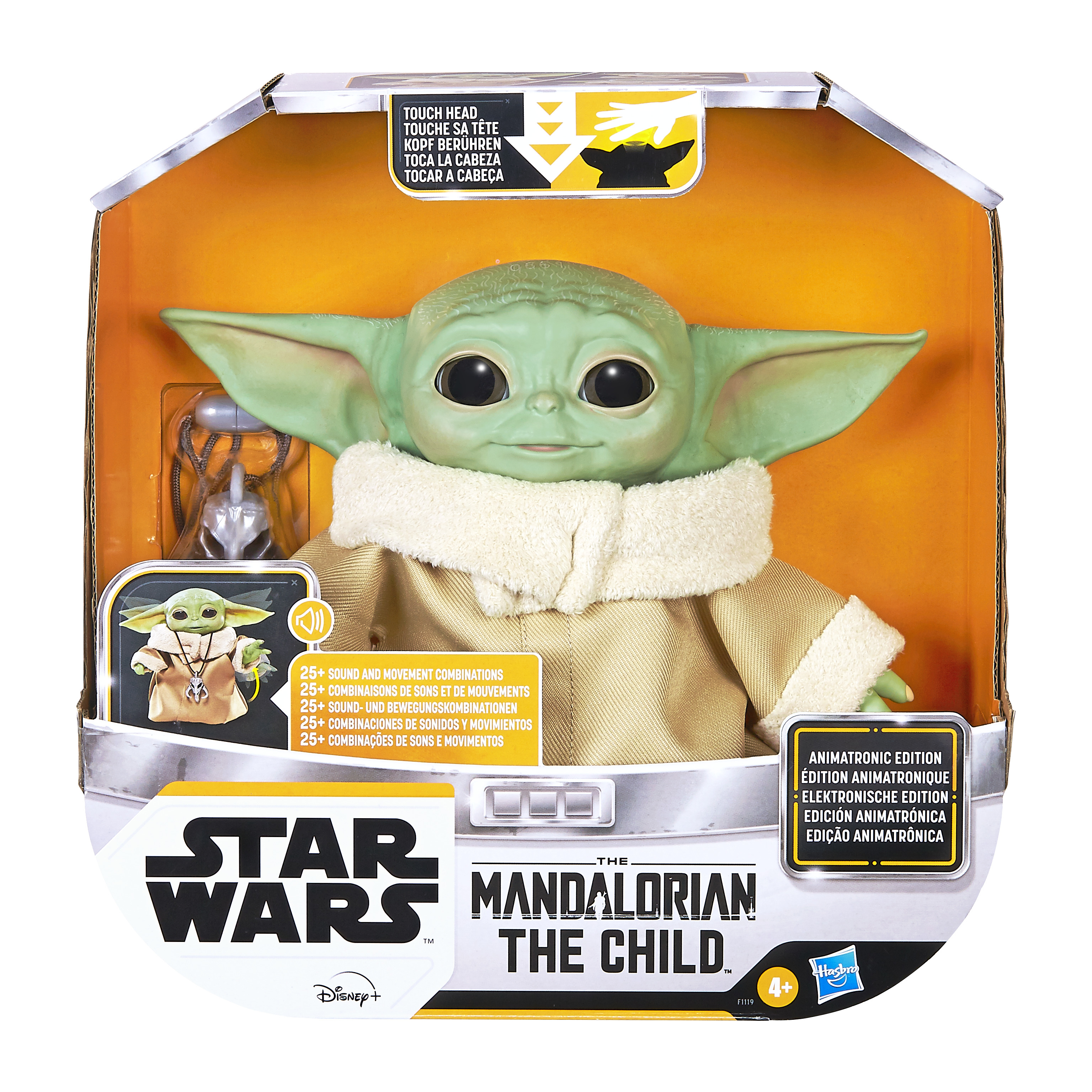 Kutuda The Child oyuncağı. Büyük gözleri, kulakları ve bej renkli bir elbisesi olan yeşil karakter. Altta Star Wars logosu.