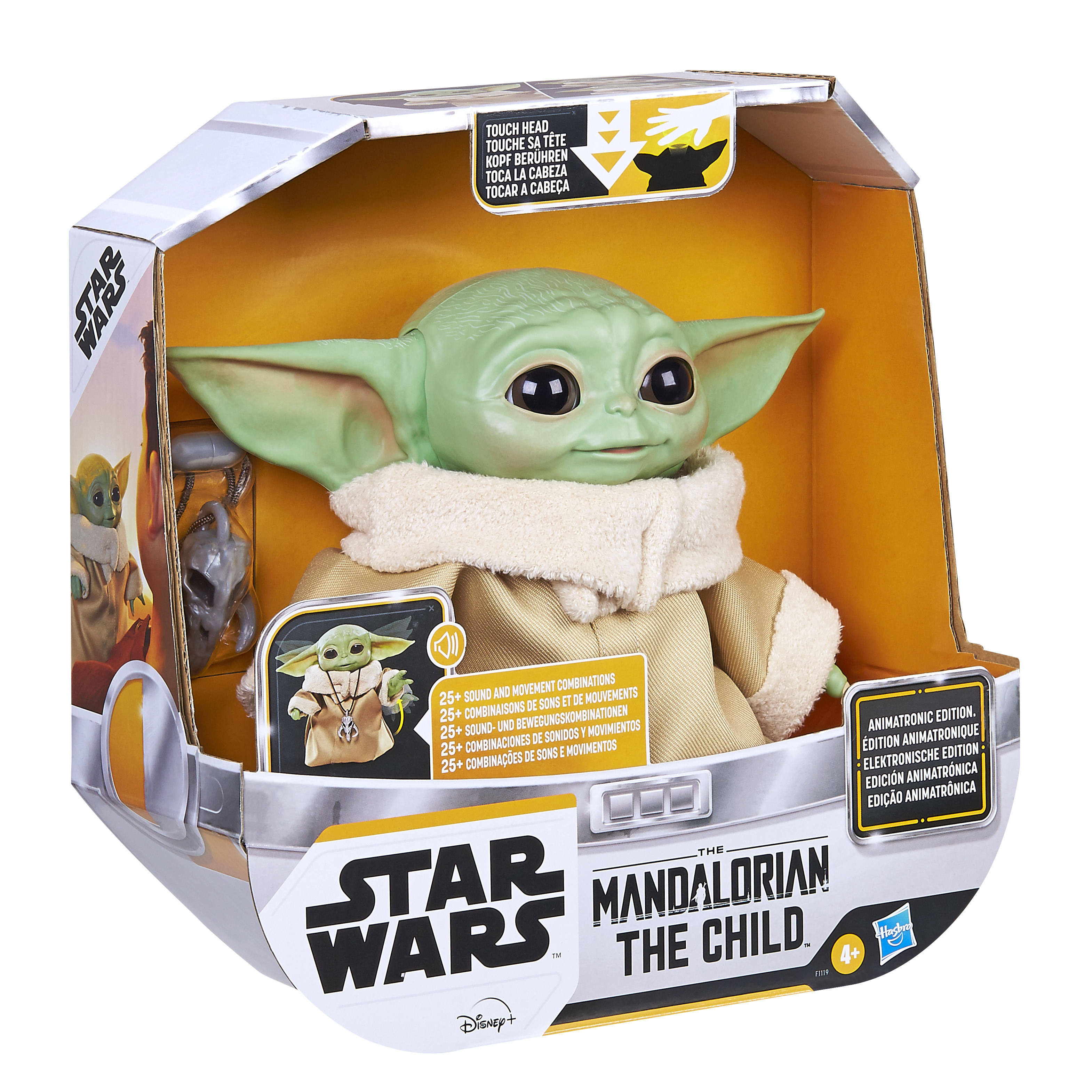Star Wars The Mandalorian The Child oyuncağı kutuda. Büyük kulakları ve bej bir ceketi olan yeşil.