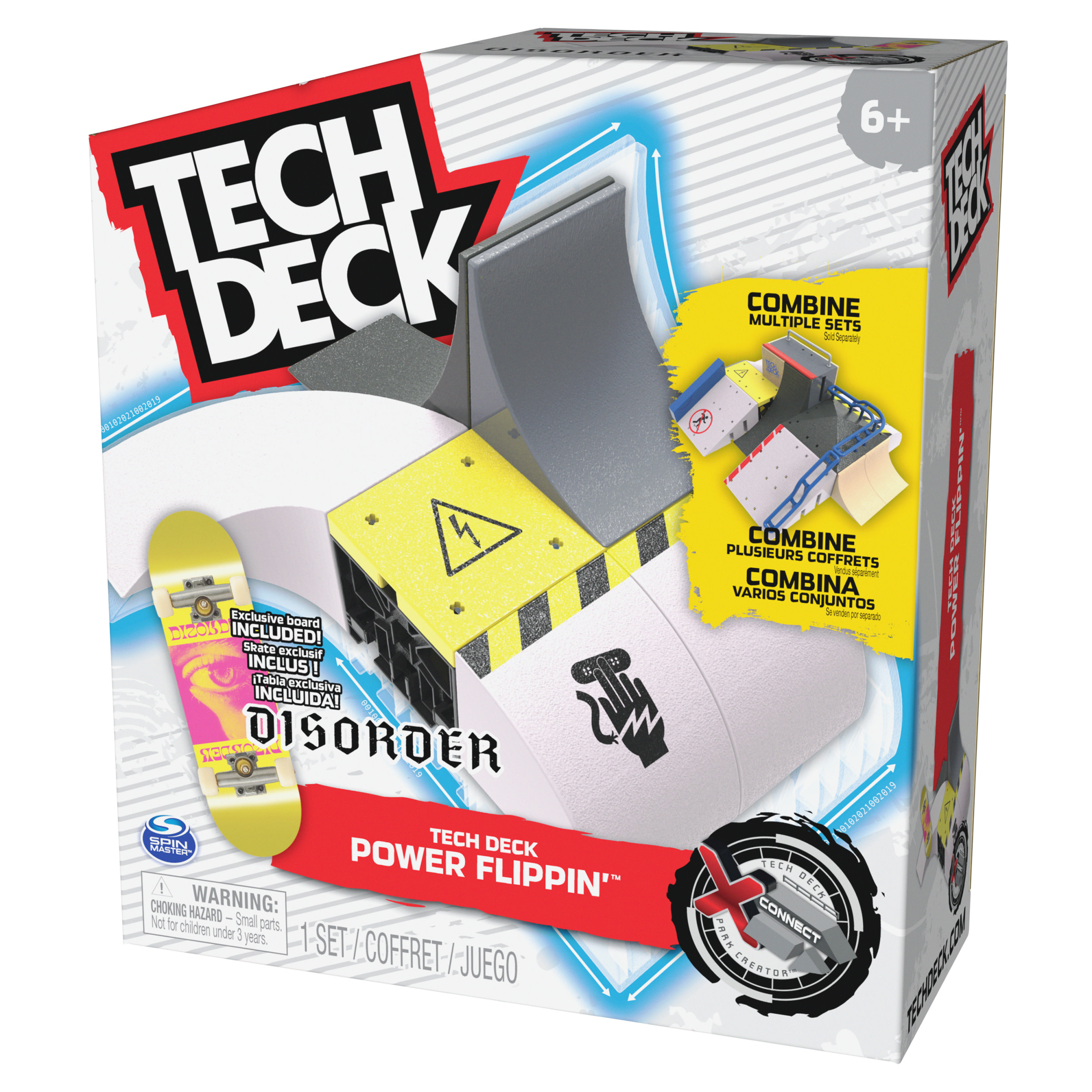 Pudełko zestawu zabawek Tech Deck. Zawiera rampę, deskorolkę i tekst w wielu językach.