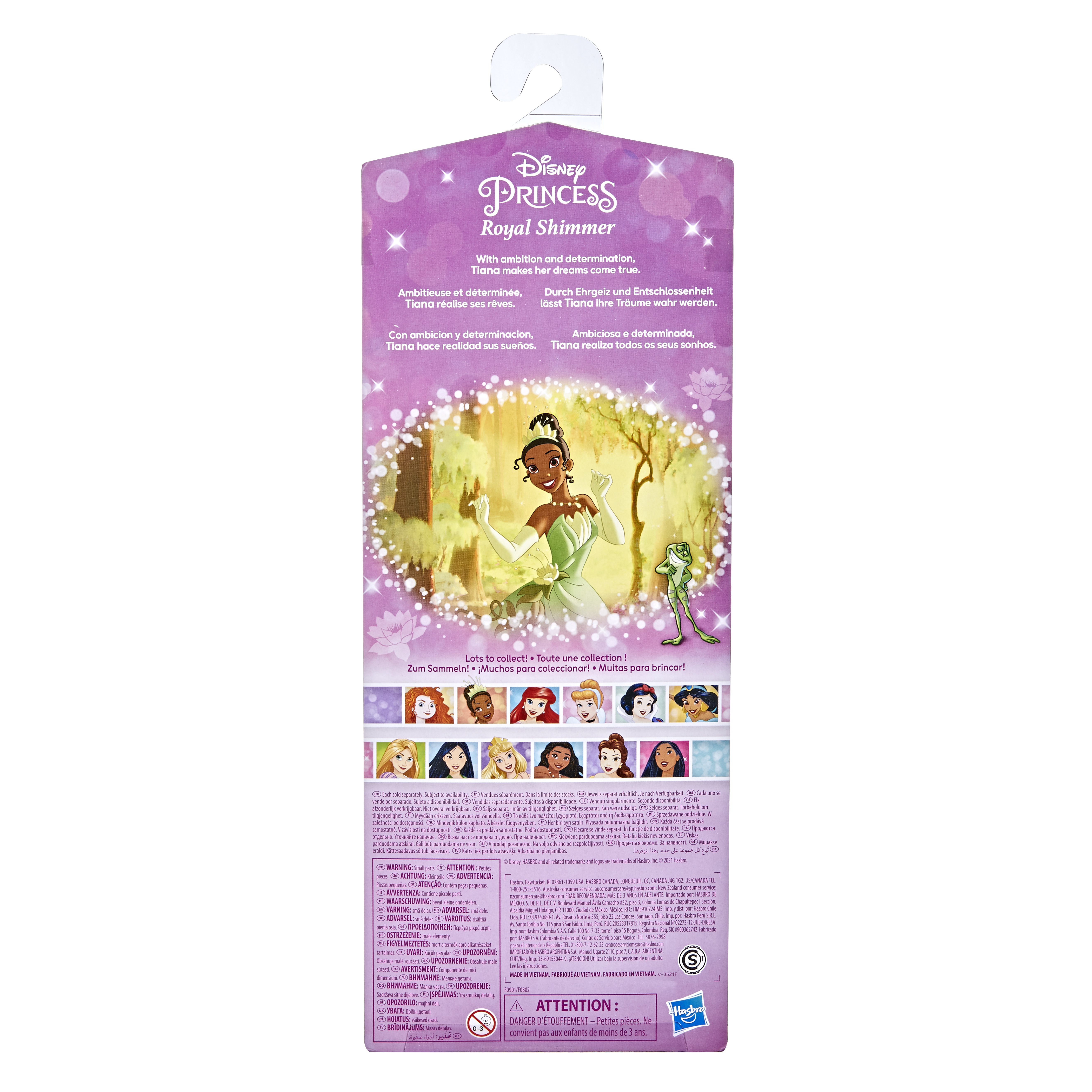 La scatola Disney Princess Royal Shimmer presenta Tiana, un vestito verde e una rana.