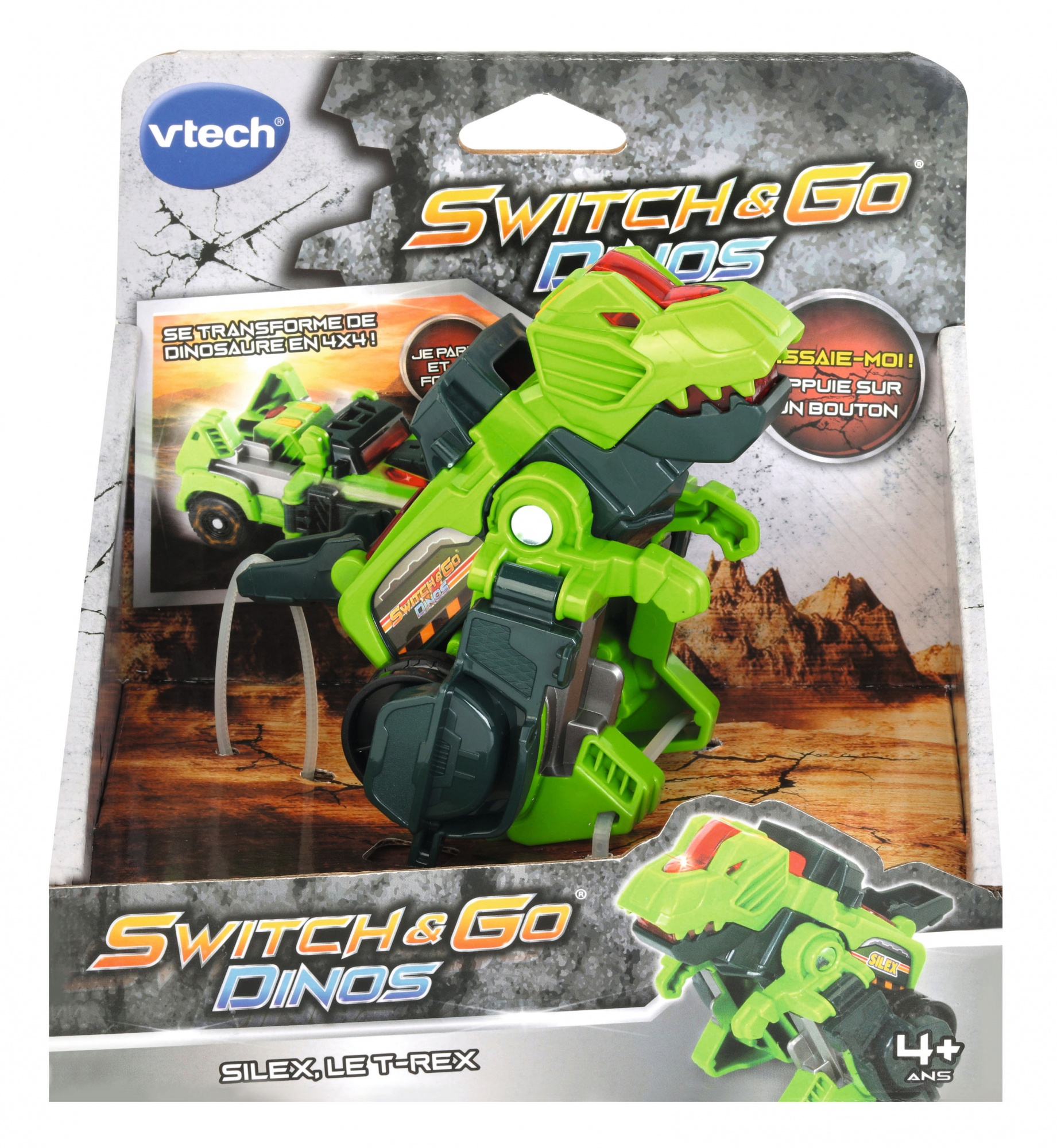 Zielona zabawka dinozaura zmienia się w pojazd. Pudełko zawiera tekst w wielu językach, marka VTech.