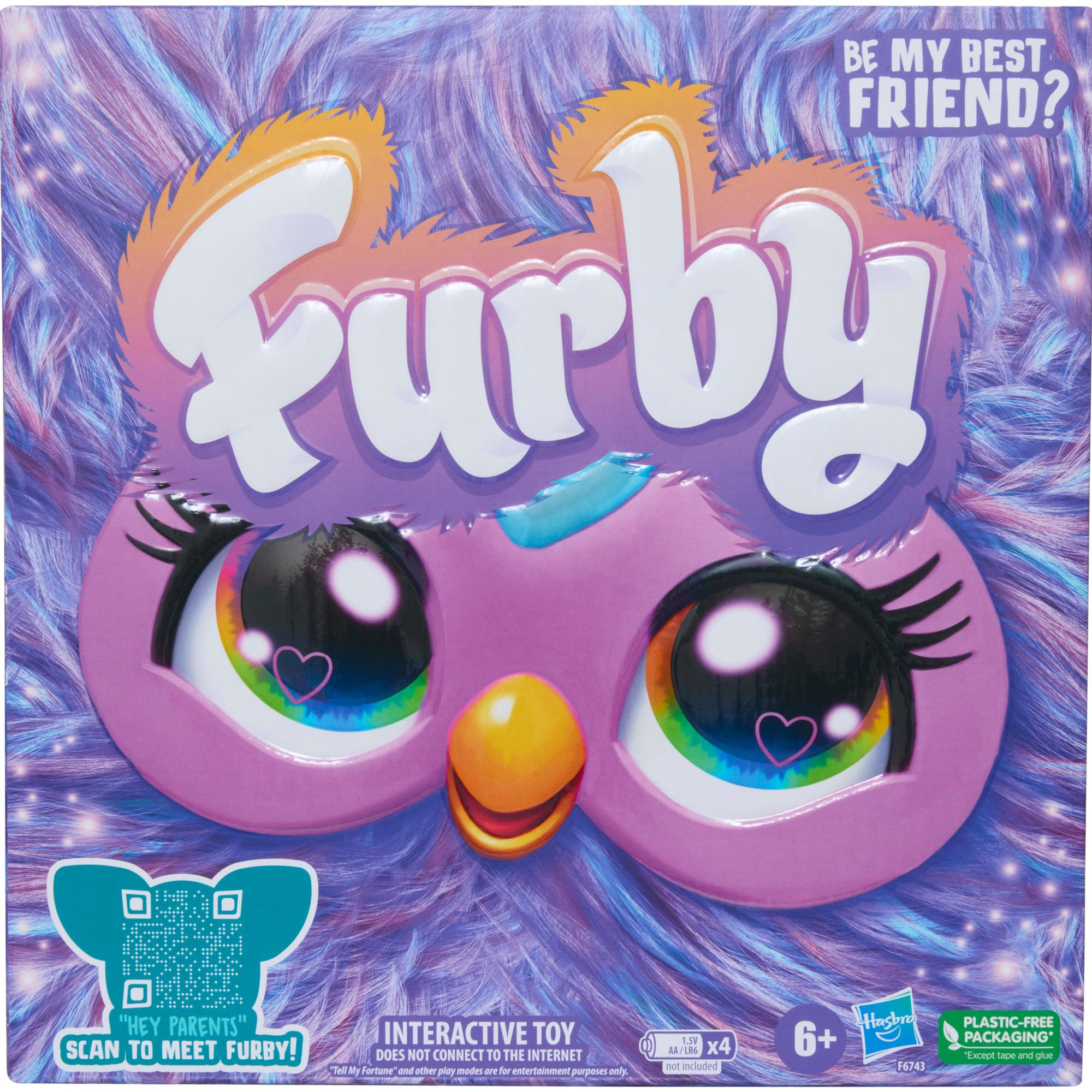 Furby-Spielzeugbox. Rosa Furby-Gesicht in der Mitte, mit großen Augen. Lila und orangefarbene Akzente. Text sagt 'Sei mein bester Freund?'