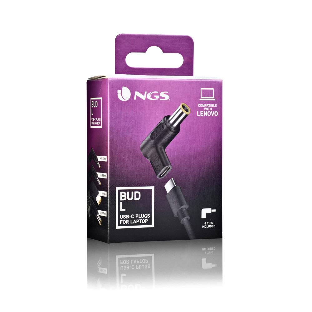 Una caja de enchufes USB-C NGS Bud L para portátiles. Es compatible con Lenovo e incluye 4 puntas. La caja es morada y negra.