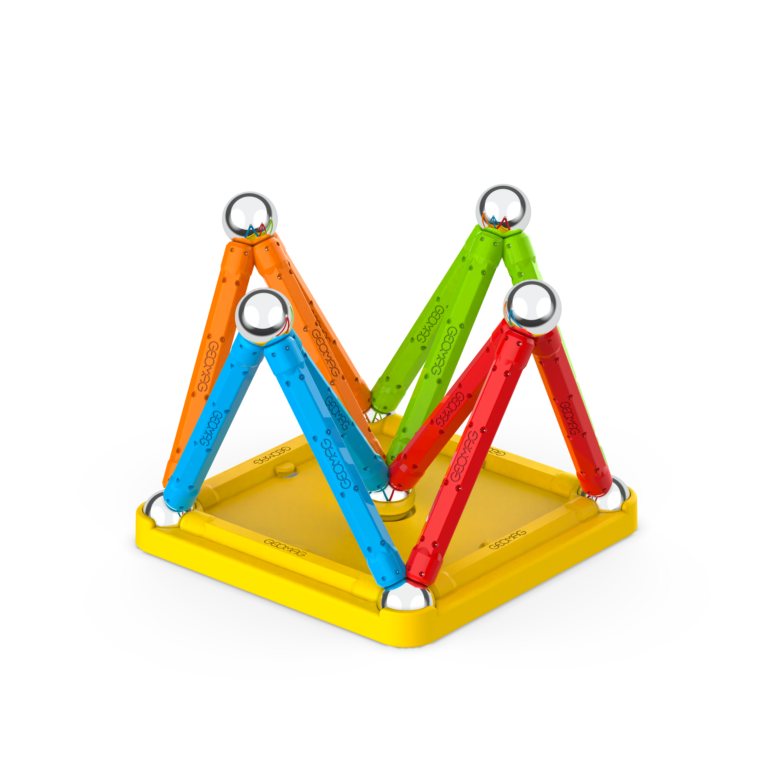 Un giocattolo di costruzione Geomag colorato. Presenta aste magnetiche arancioni, verdi, blu e rosse con sfere argentate.