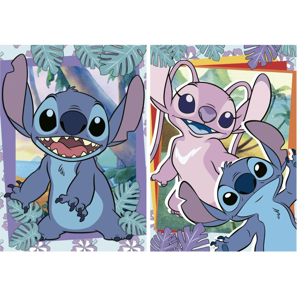 Postacie Stitch i Angel z Lilo & Stitch. Stitch jest niebieski, a Angel różowa, oboje z dużymi uszami. Tło zawiera liście i kolory.