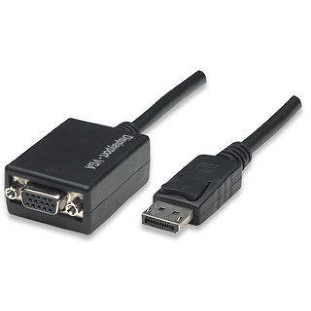 Dos adaptadores negros sobre fondo blanco. Uno tiene conector VGA, el otro DisplayPort, ambos con cables adjuntos.