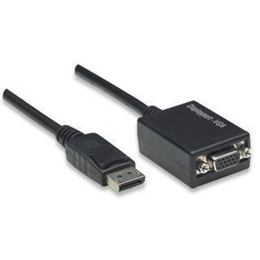 Un cable adaptador DisplayPort a VGA negro. Un extremo tiene un conector DisplayPort, el otro un conector VGA. El cable está sobre un fondo blanco.