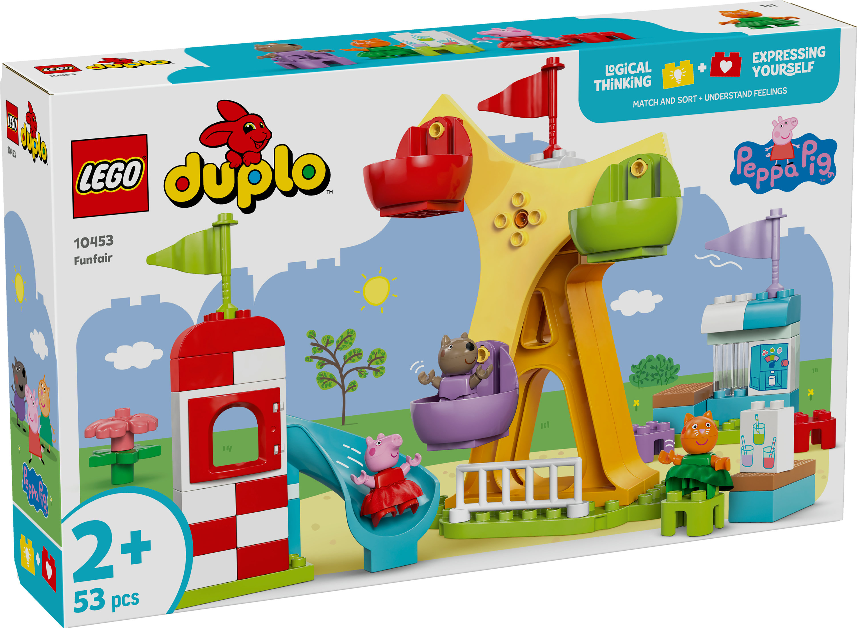 Zestaw Lego Duplo Funfair. Zawiera diabelski młyn, zjeżdżalnię i figurki świnki Peppy.