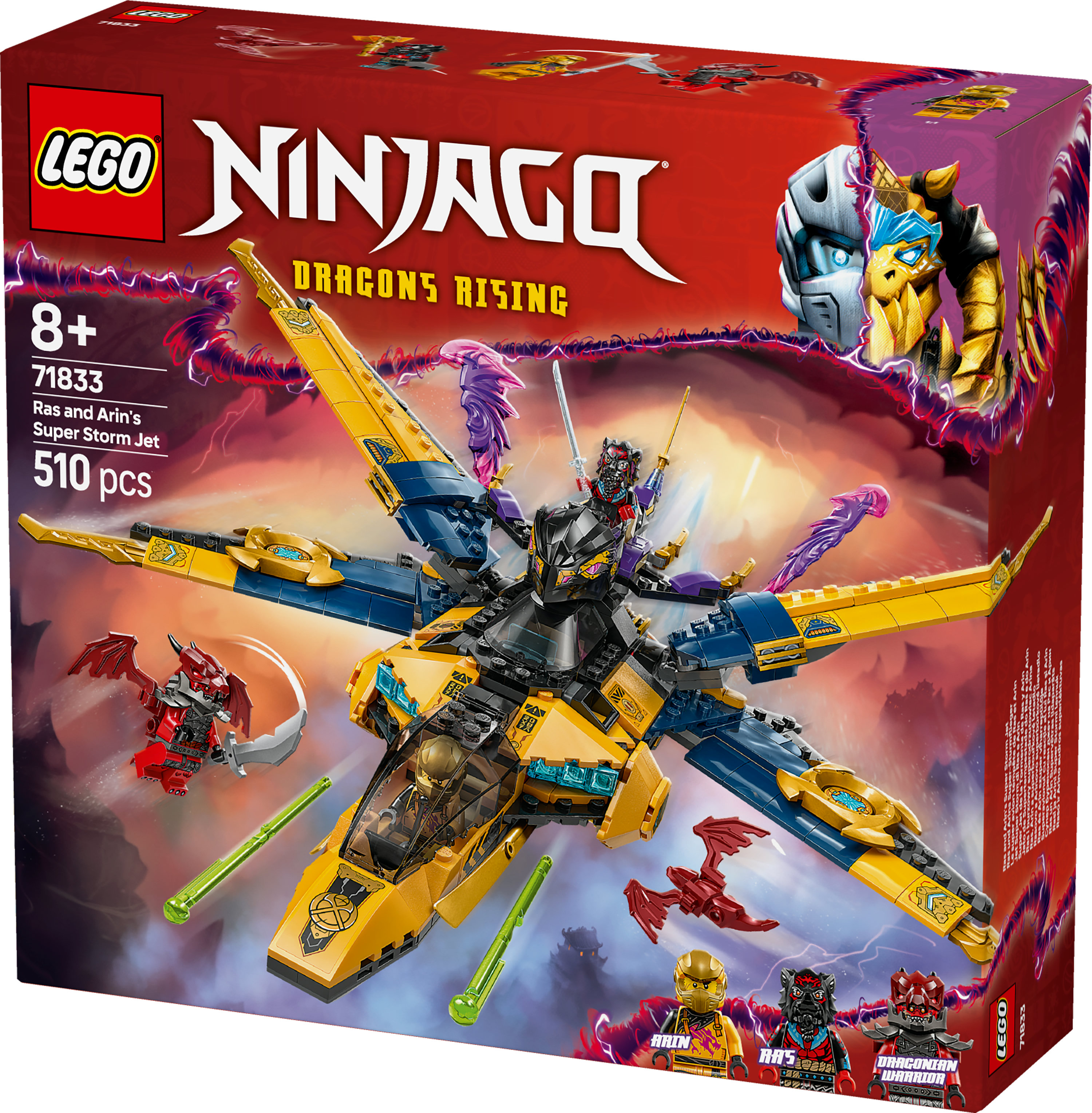 Pudełko Lego Ninjago. Żółty i niebieski odrzutowiec z minifigurkami. Czerwone i fioletowe tło.