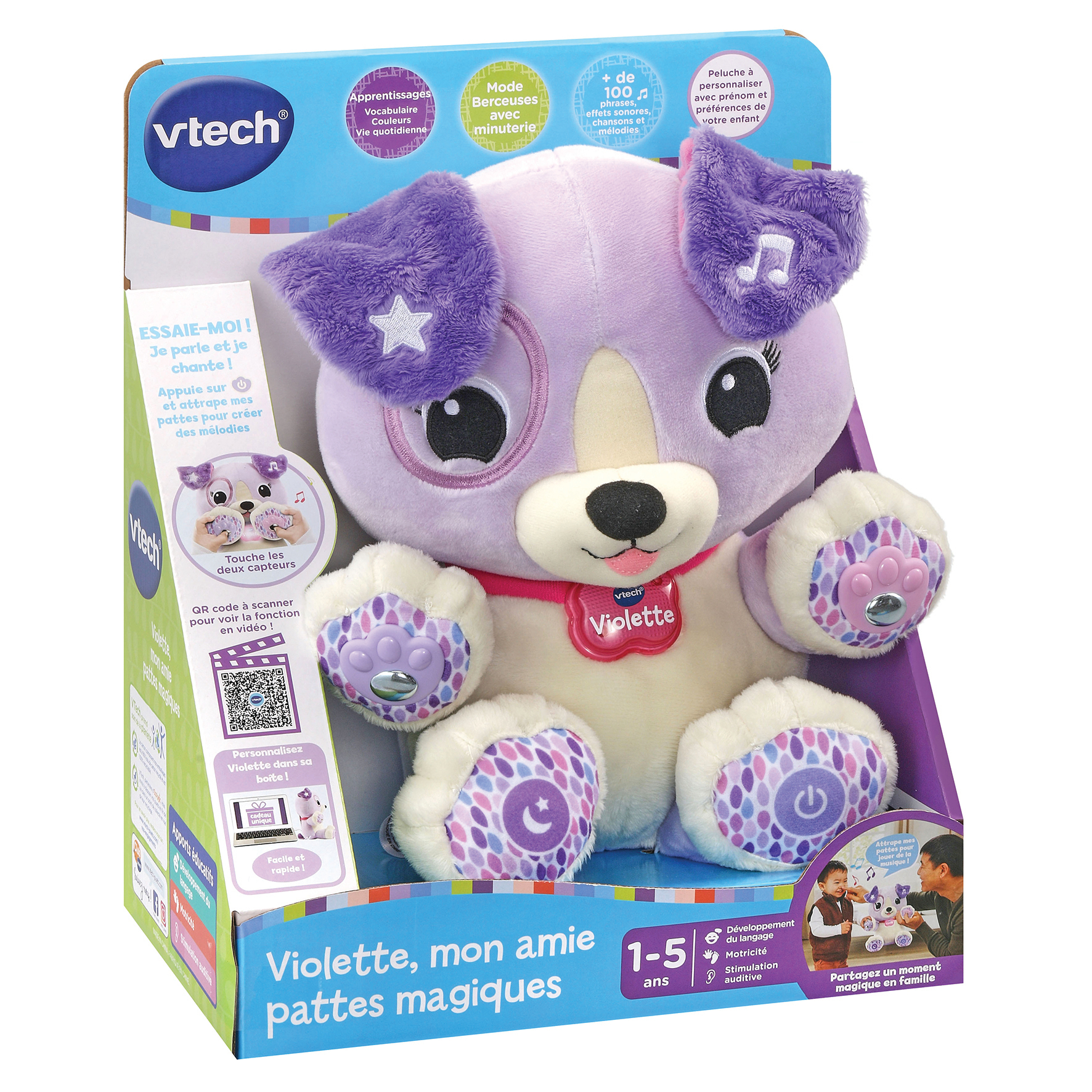 Un jouet en peluche en forme de chien violet dans une boîte. Il a des oreilles, des pattes et une étoile. La boîte a du texte et un code QR.