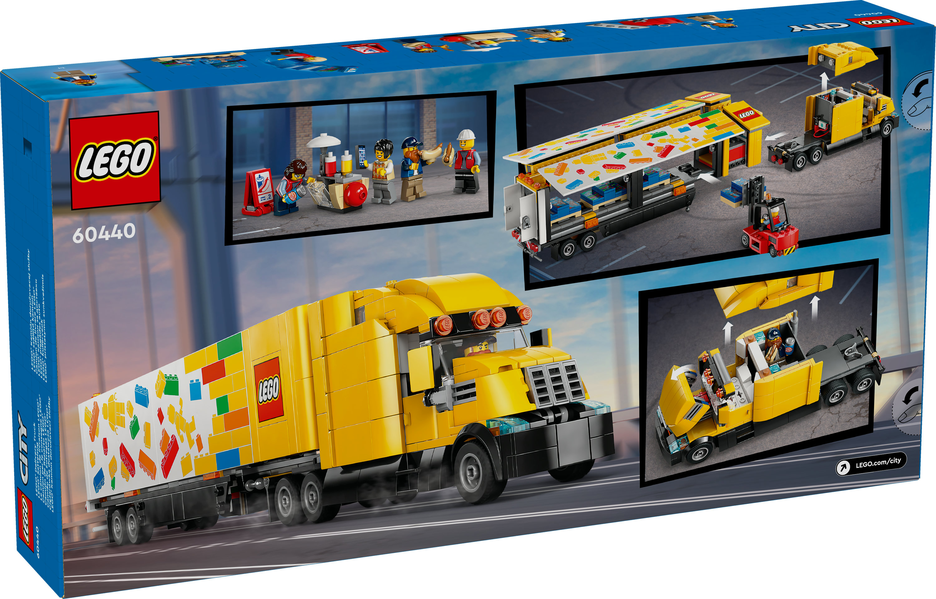Pudełko Lego City Delivery Truck. Pokazuje ciężarówkę, figurki Lego i budkę z jedzeniem.