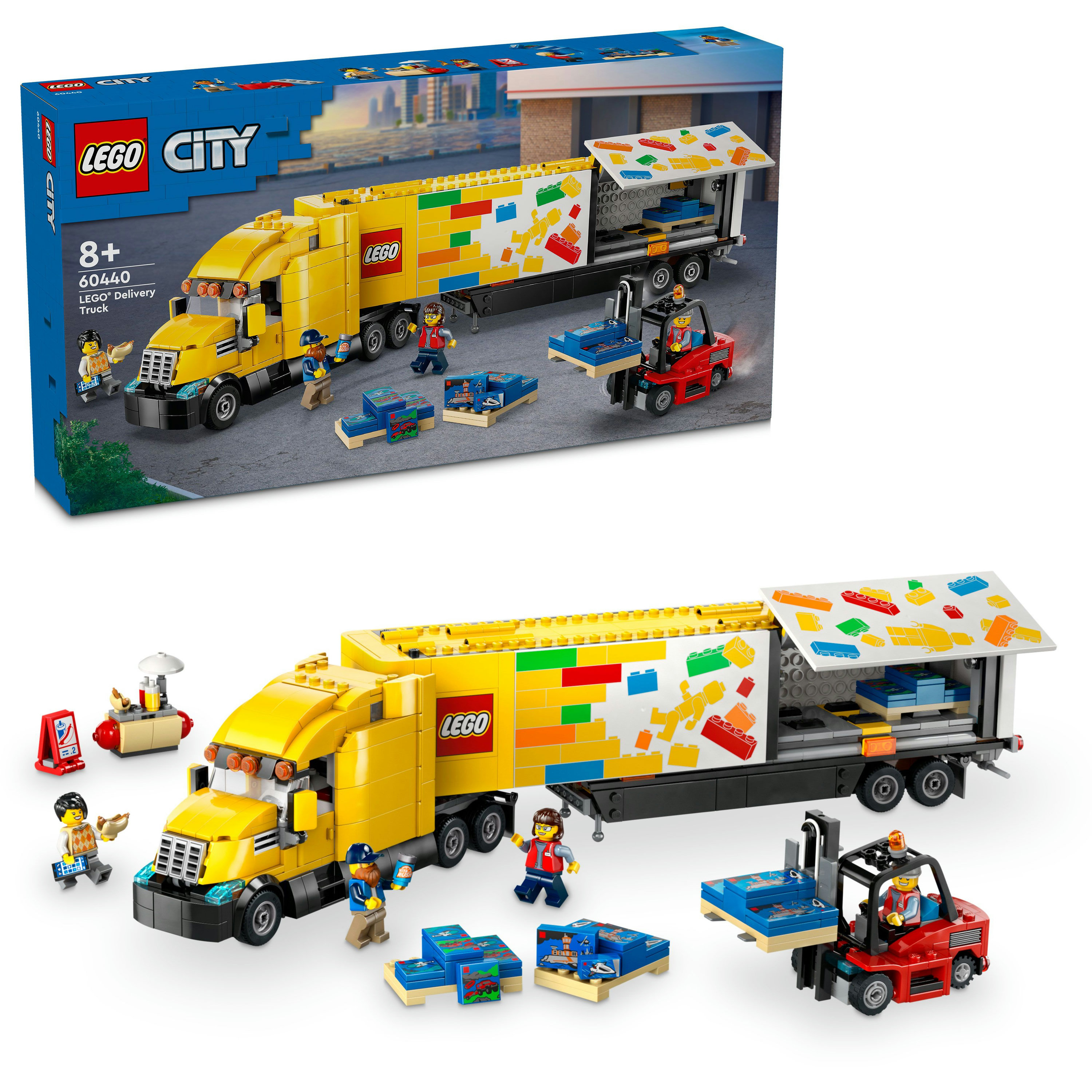 Zestaw Lego City Delivery Truck. Zawiera żółtą ciężarówkę, czerwony wózek widłowy, figurki Lego i klocki Lego.