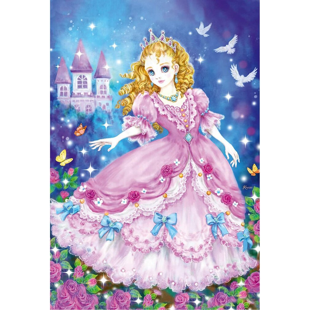Eine Prinzessin in einem rosa Kleid steht mit einem Schloss im Hintergrund. Schmetterlinge und Tauben fliegen um sie herum. Rosen liegen zu ihren Füßen.