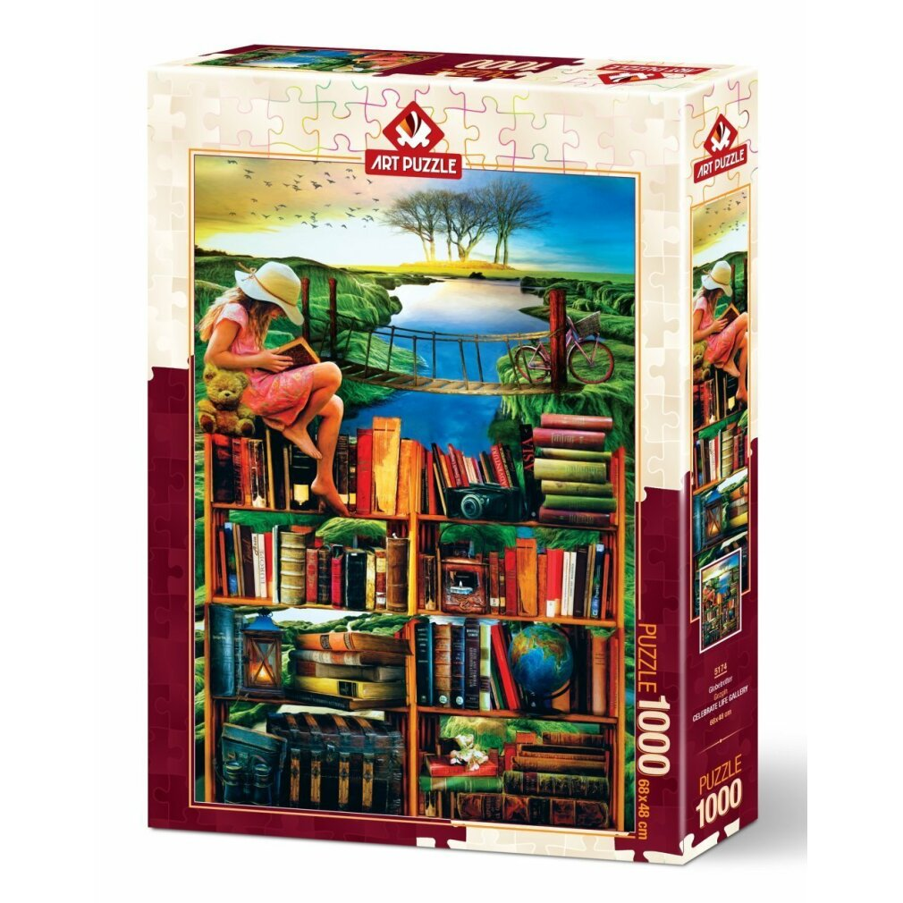 Scatola puzzle con una ragazza che legge un libro. Librerie in primo piano e un lago con ponte sullo sfondo.