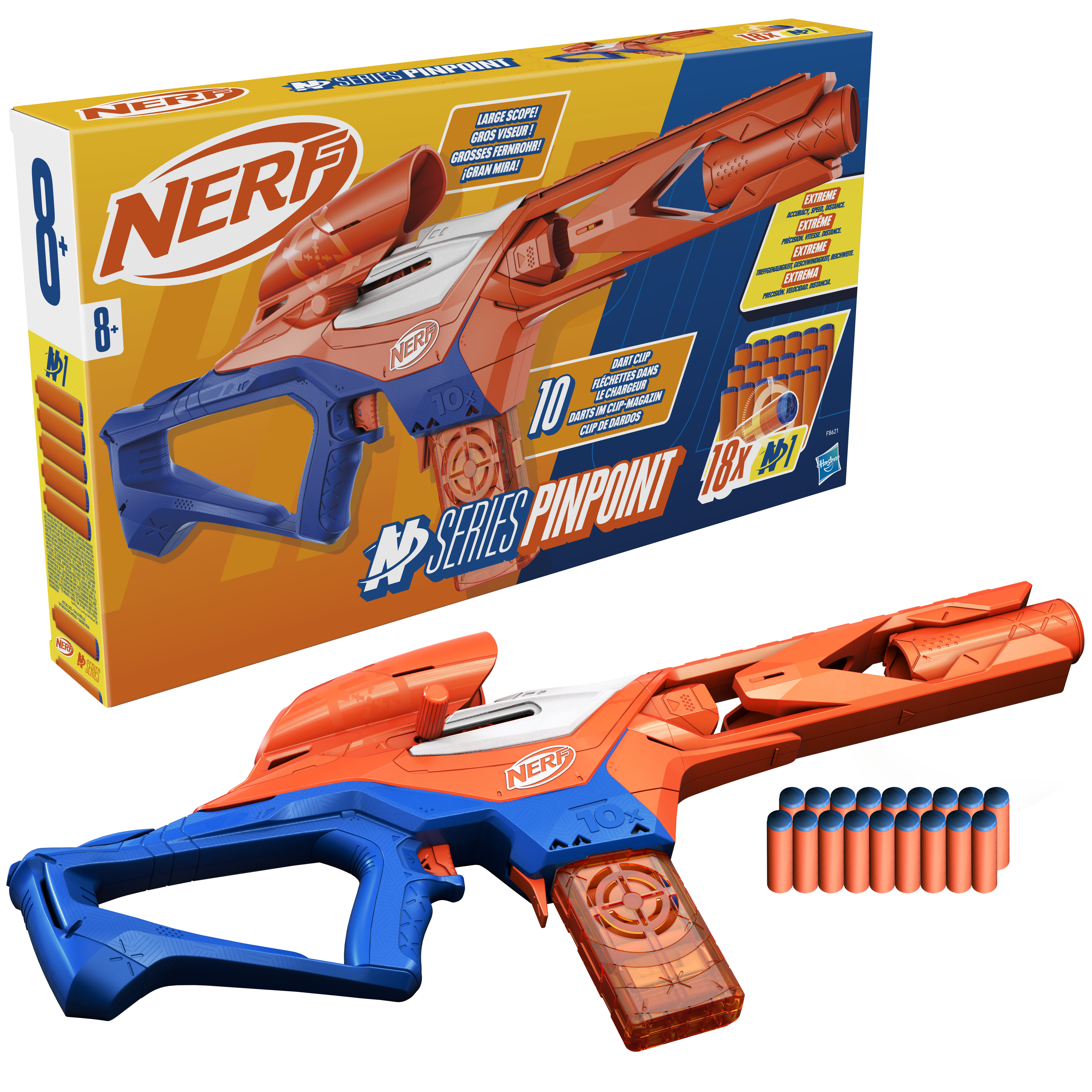 Pistolet Nerf w kolorach pomarańczowym i niebieskim. Pudełko w tle pokazuje produkt. Widoczne strzałki.