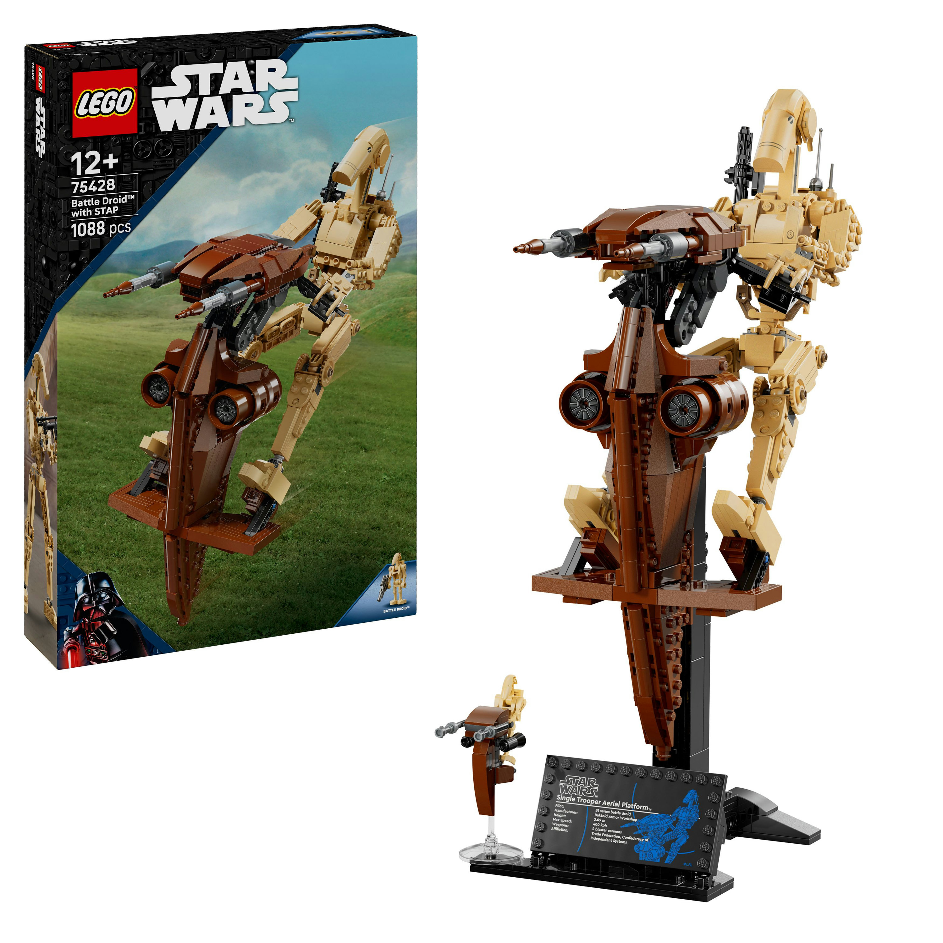 Zestaw LEGO Star Wars. Battle Droid z STAP. Zestaw zawiera droida, STAP, stojak wystawowy i grafikę pudełka.