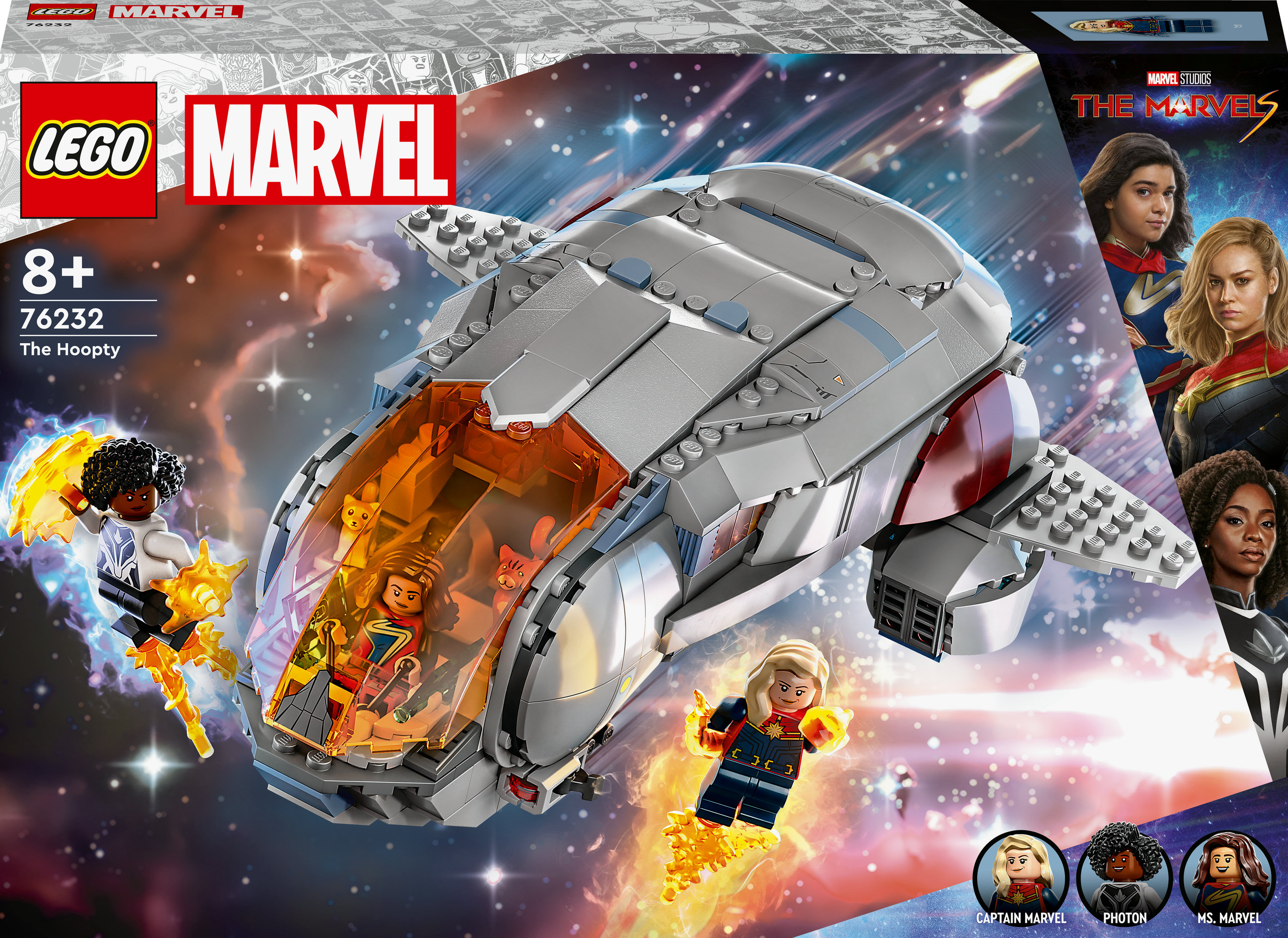 Bir LEGO Marvel The Hoopty set kutusu. Kaptan Marvel, Photon ve Ms. Marvel'ın minifigürleriyle gemiyi gösteriyor.