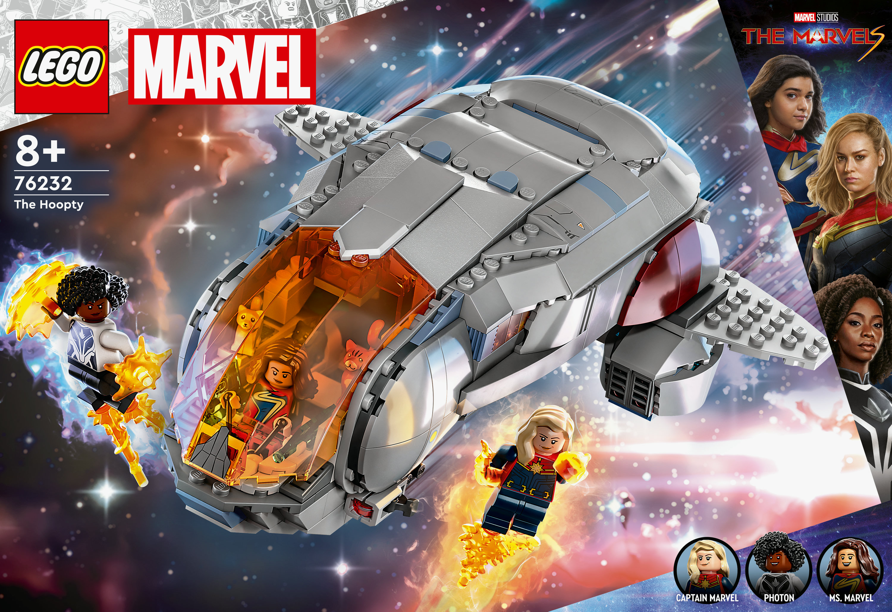 Marvel'ın The Marvels filminden The Hoopty uzay gemisinin Lego seti, Kaptan Marvel ve diğer karakterlerle.
